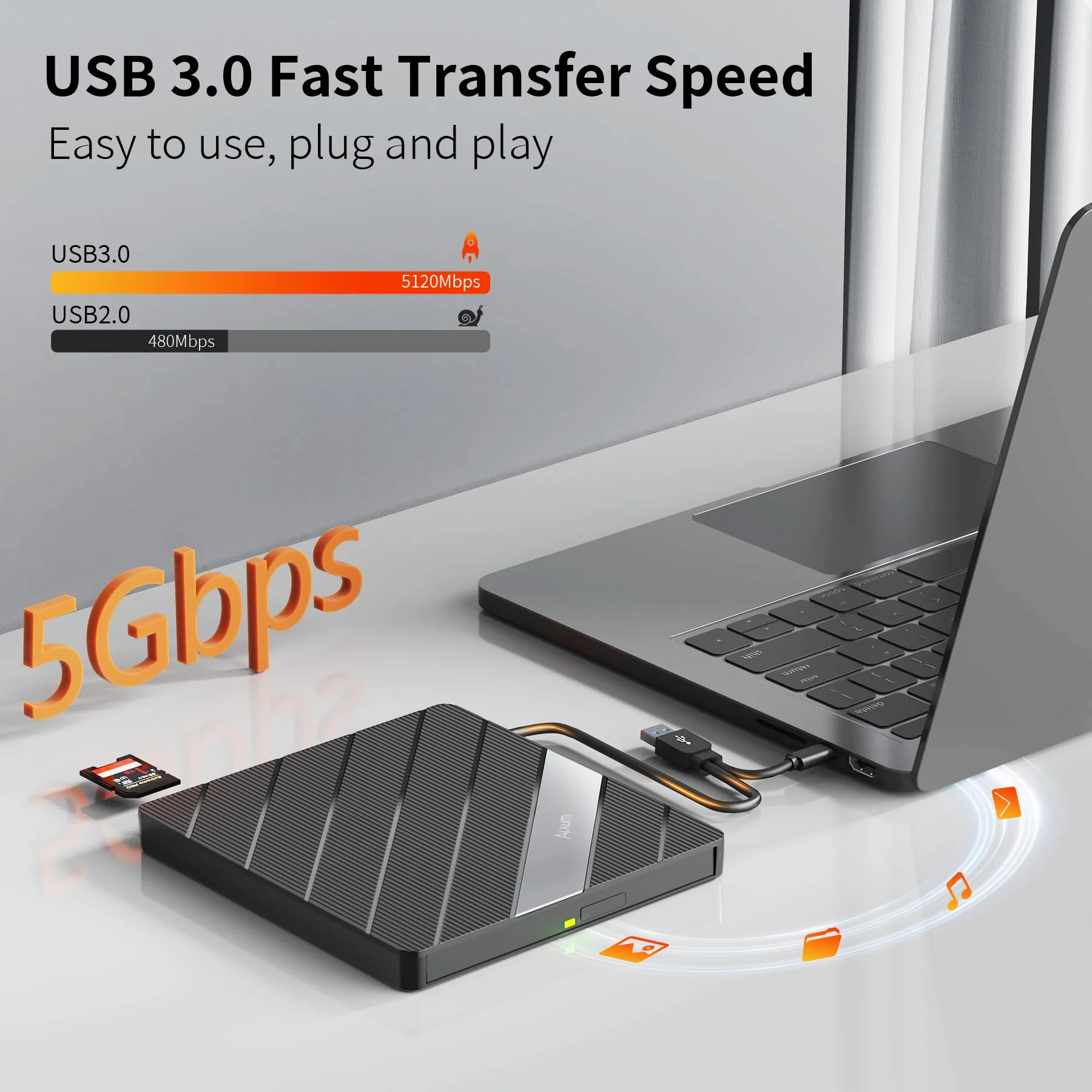 Alxum External CD DVD Drive for Laptop, 8 in 1 Portable CD DVD Burner Rewriter with Multiple Ports Support Faster Transfer Speed CD 8X DVD 24x for Windows 11/10/8/7 MacOS and More Black - Image 2