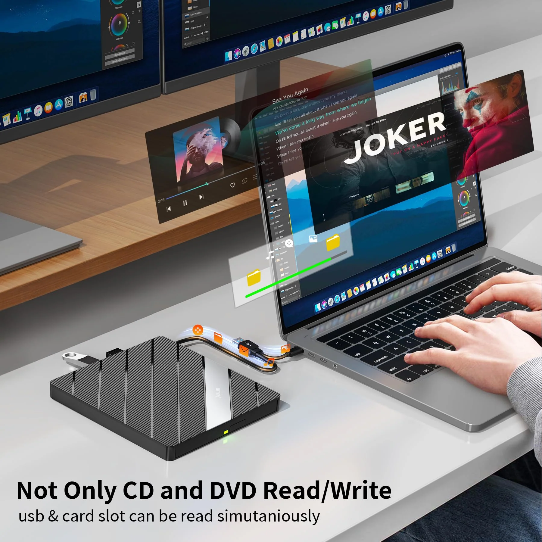 Alxum External CD DVD Drive for Laptop, 8 in 1 Portable CD DVD Burner Rewriter with Multiple Ports Support Faster Transfer Speed CD 8X DVD 24x for Windows 11/10/8/7 MacOS and More Black - Image 5