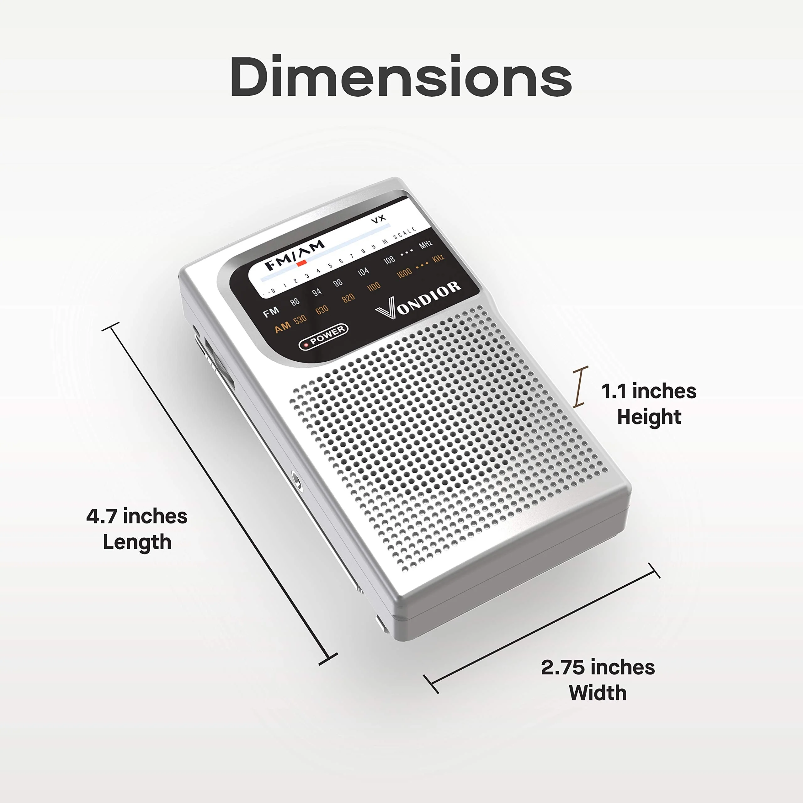 AM FM Battery Operated Portable Pocket Radio - Best Reception and Longest Lasting. AM FM Compact Transistor Radios Player Operated by 2 AA Battery, Mono Headphone Socket, by Vondior (Silver) Silver - Image 2