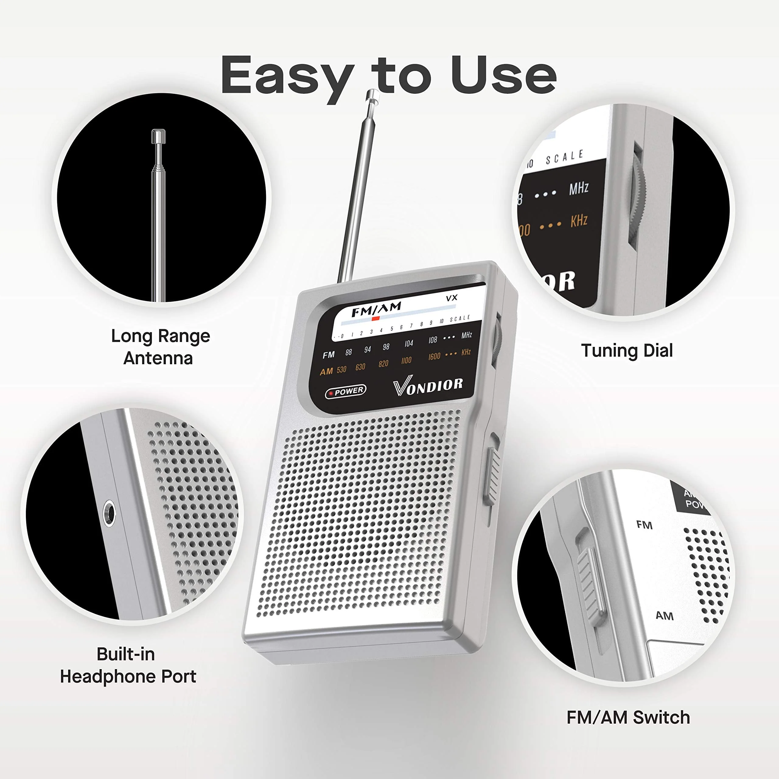AM FM Battery Operated Portable Pocket Radio - Best Reception and Longest Lasting. AM FM Compact Transistor Radios Player Operated by 2 AA Battery, Mono Headphone Socket, by Vondior (Silver) Silver - Image 3