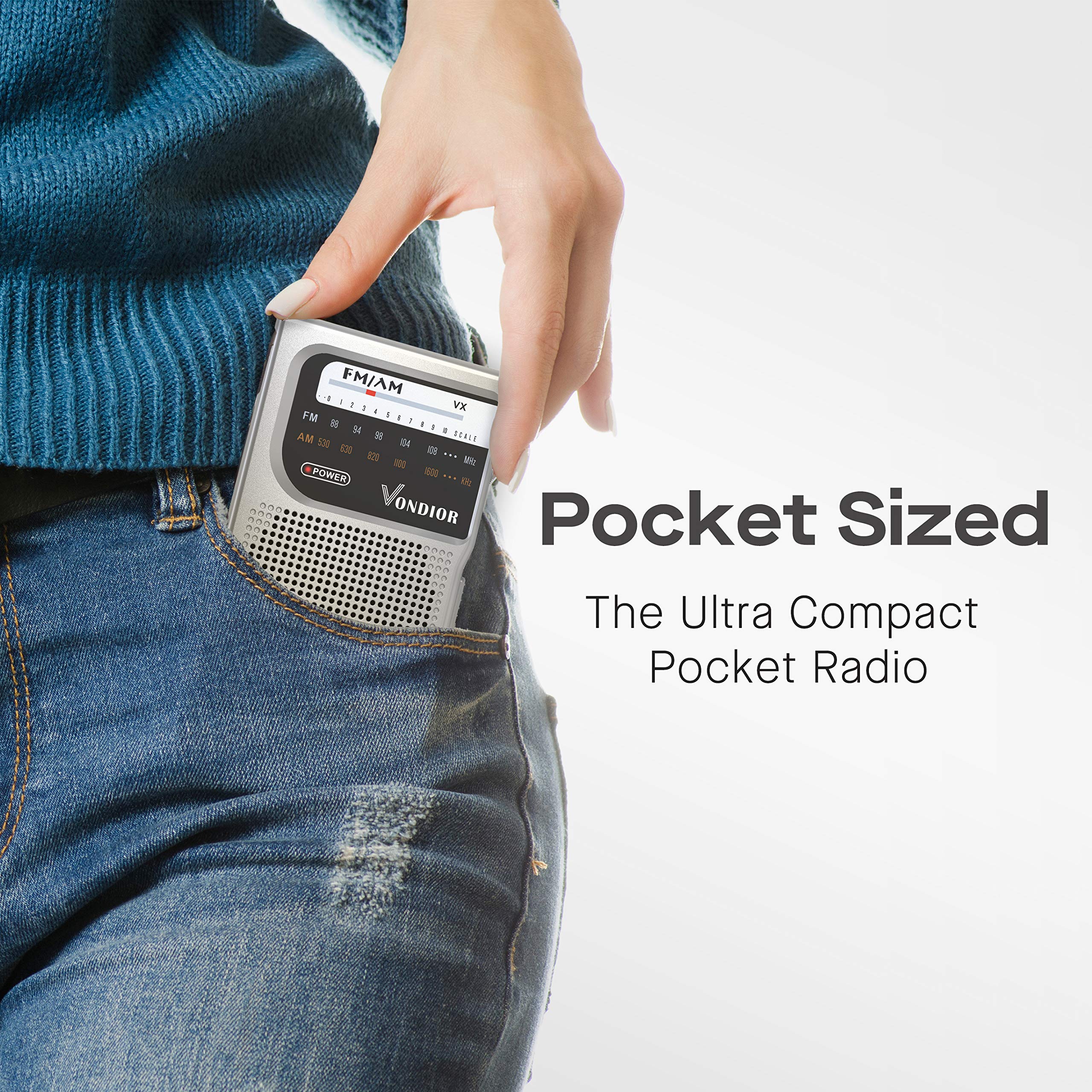 AM FM Battery Operated Portable Pocket Radio - Best Reception and Longest Lasting. AM FM Compact Transistor Radios Player Operated by 2 AA Battery, Mono Headphone Socket, by Vondior (Silver) Silver - Image 4