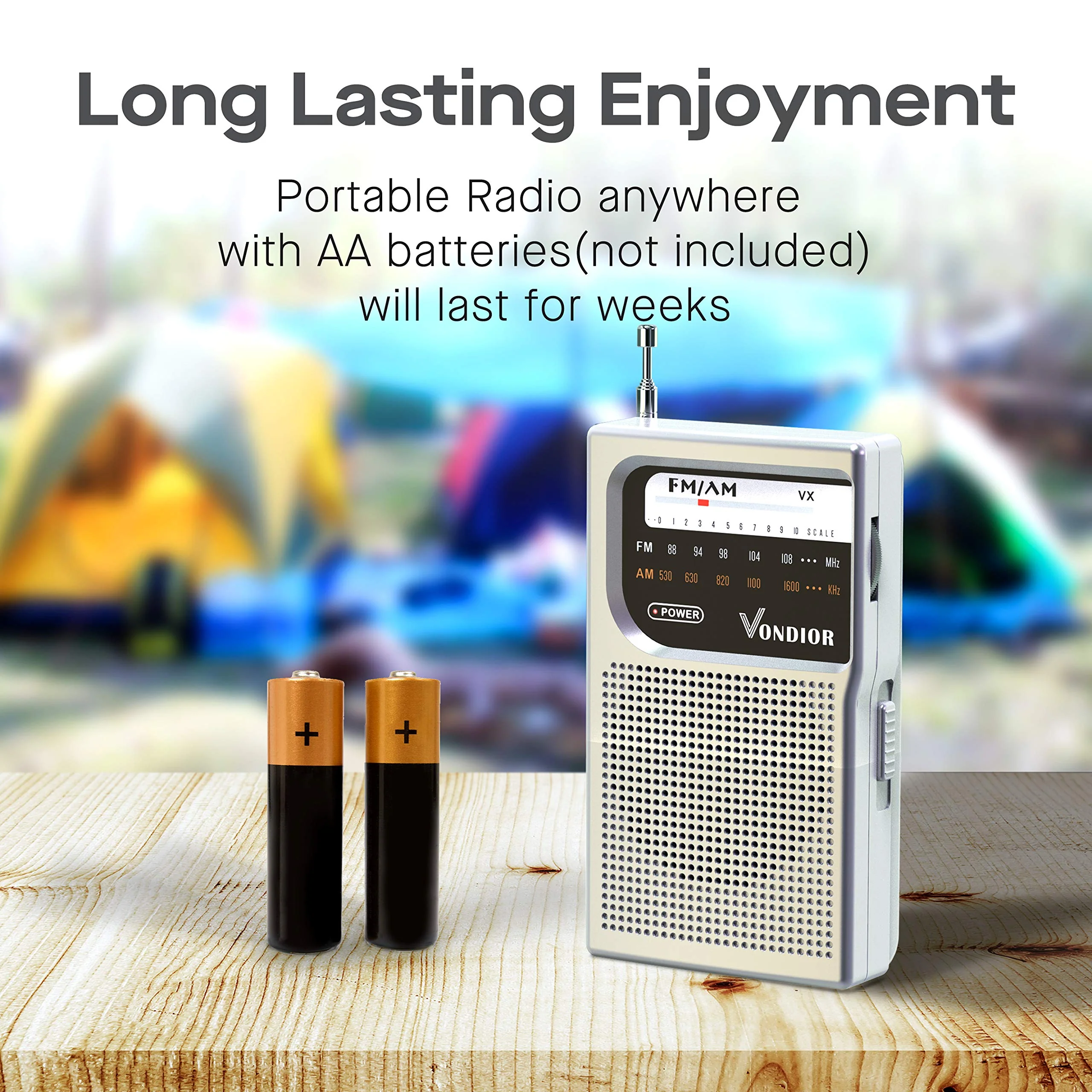 AM FM Battery Operated Portable Pocket Radio - Best Reception and Longest Lasting. AM FM Compact Transistor Radios Player Operated by 2 AA Battery, Mono Headphone Socket, by Vondior (Silver) Silver - Image 5