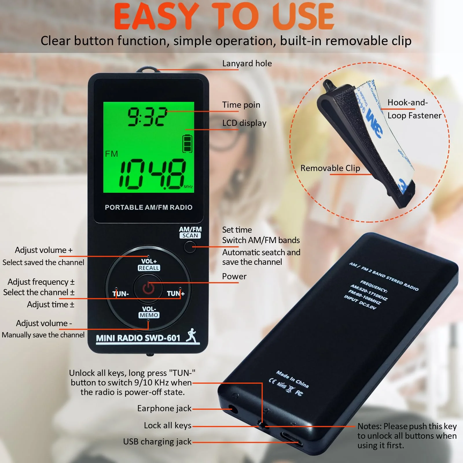 AM/FM Personal Portable Mini Radio with Digital Tuning LCD Display and Backlight Time, SWDSTP Rechargeable Pocket Radio with Earphone and Belt Clip for Walking, Jogging - Image 4