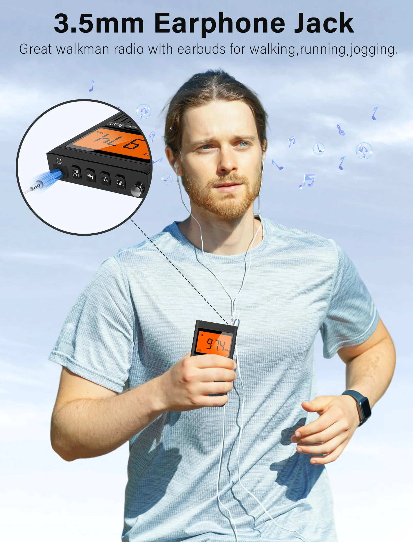 AM FM Portable Radio Personal Radio with Excellent Reception Battery Operated by 2 AAA Batteries with Stero Earphone, Large LCD Screen, Digtail Alarm Clock Black - Image 5