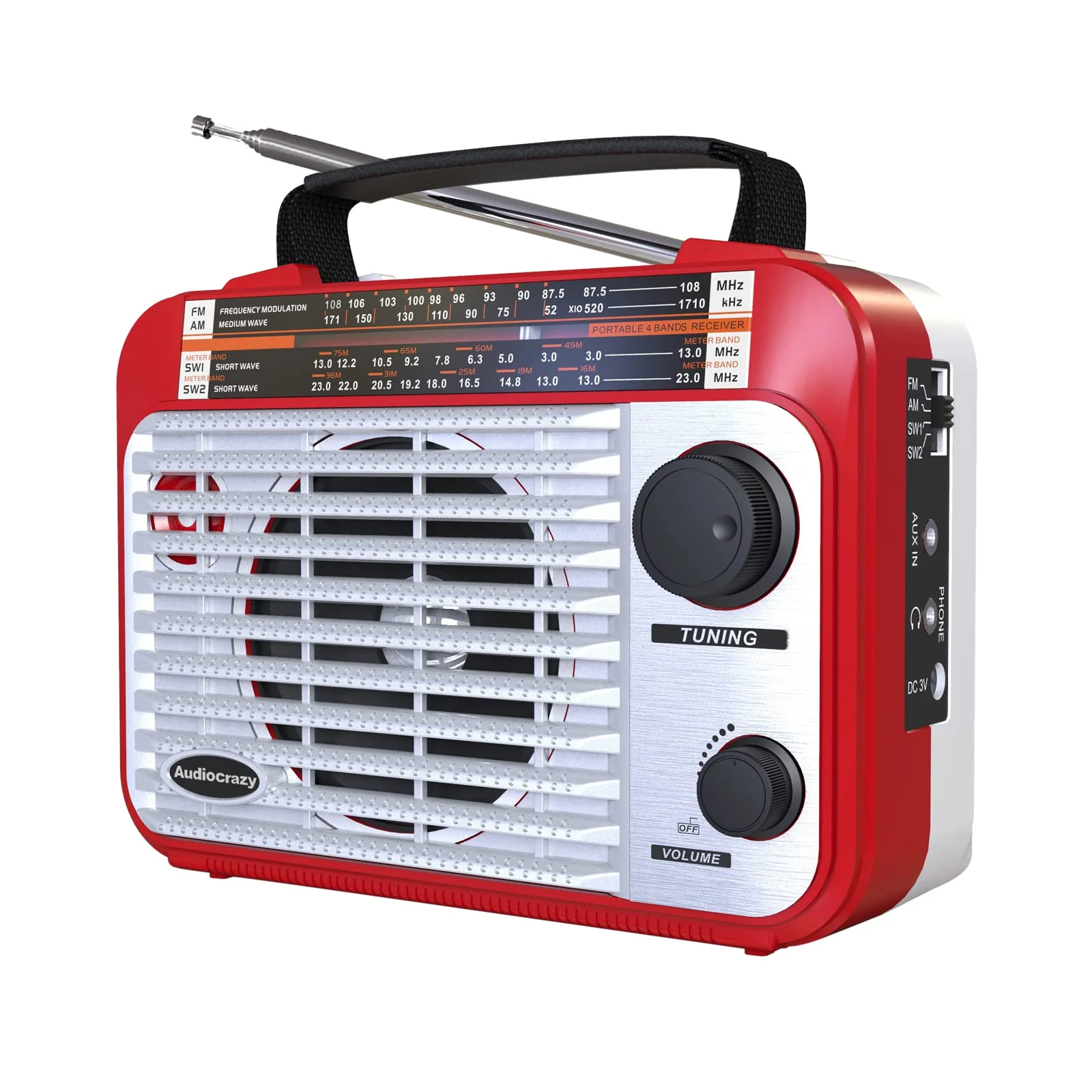 AM/FM/SW1-2 Radio Shortwave Transistor Radio AC or Battery Operated with Best Reception Big Speaker and Precise Tuning Knob with AUX in & 3.5mm Earphone Jack Red+White