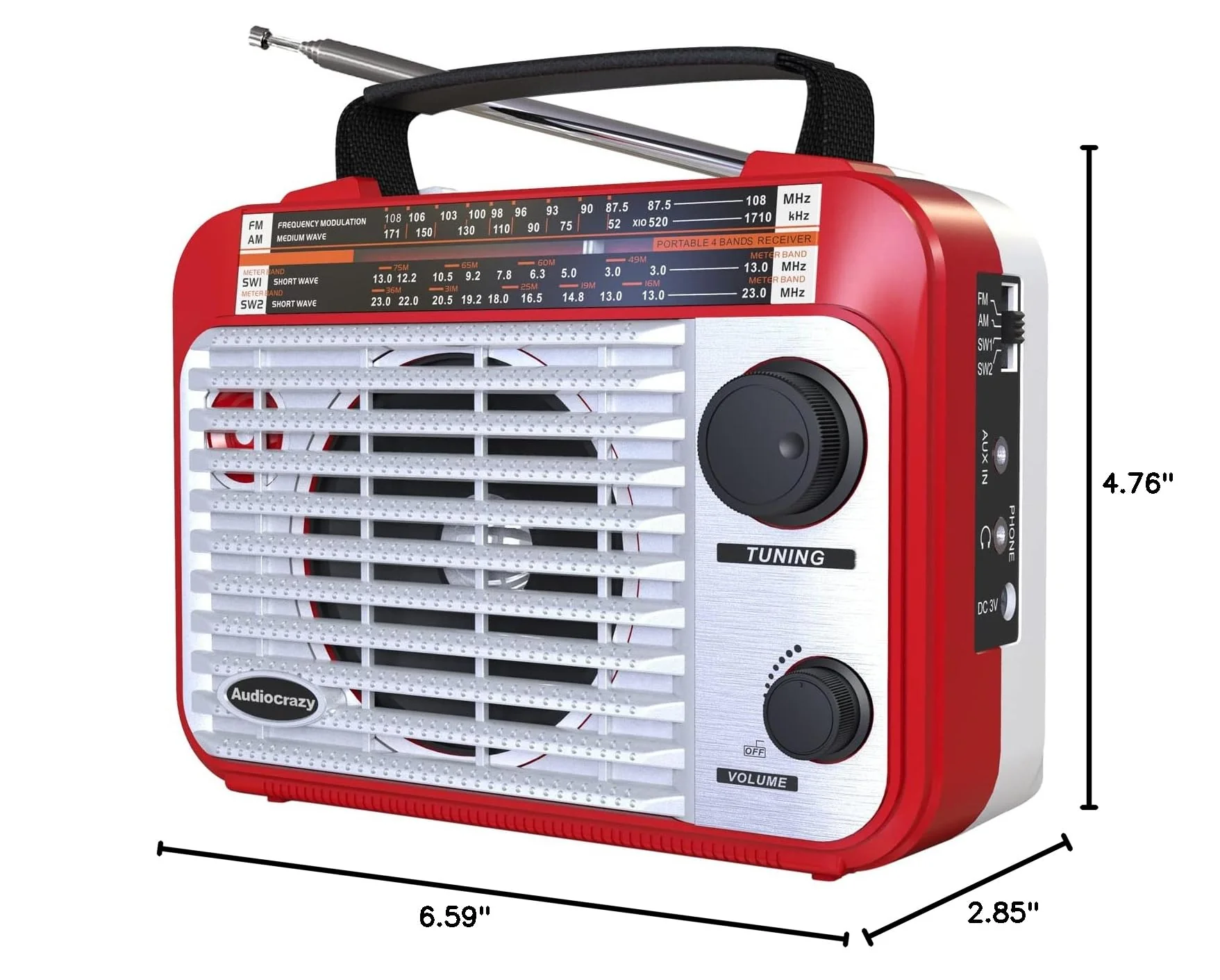AM/FM/SW1-2 Radio Shortwave Transistor Radio AC or Battery Operated with Best Reception Big Speaker and Precise Tuning Knob with AUX in & 3.5mm Earphone Jack Red+White - Image 8