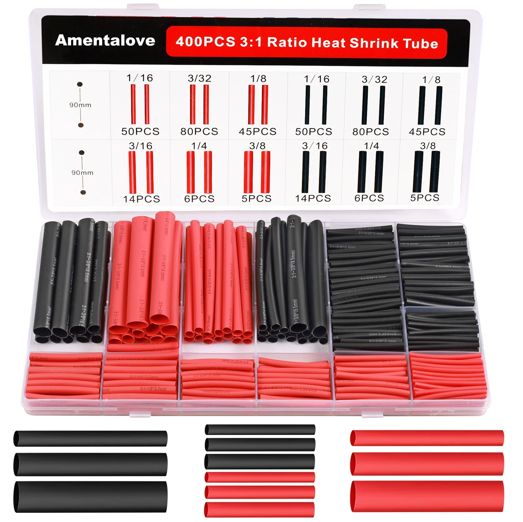 Amentalove 400 Piece 3:1 Heat Shrink Tube Set, Double-Walled Heat Shrink Tube, Waterproof, 6 Sizes Heat Shrink Tube, Heat Shrink Tube with Adhesive for Home, Automotive, Industrial (Black & Red)