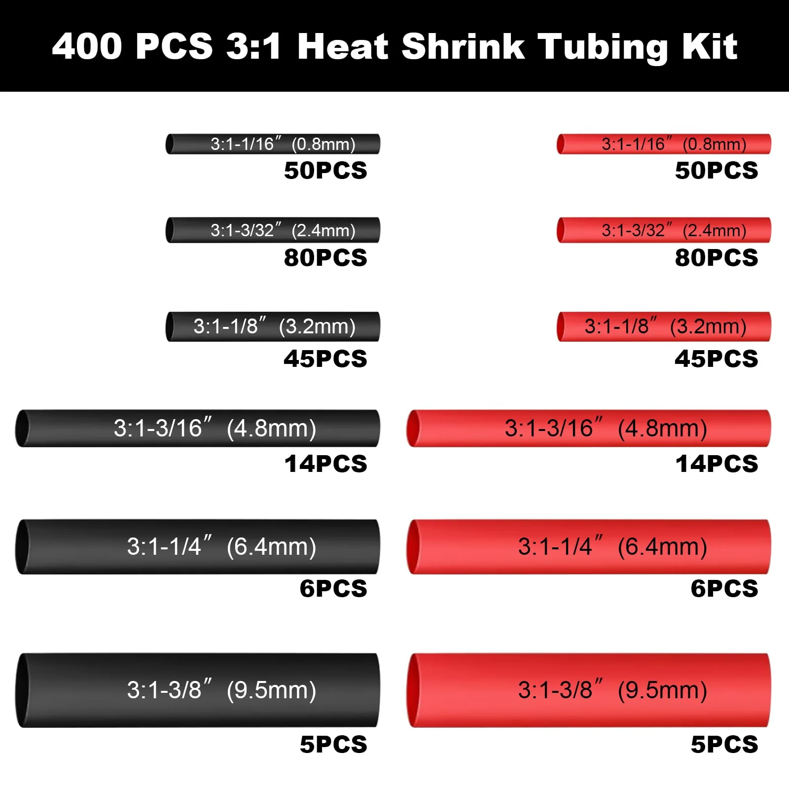 Amentalove 400 Piece 3:1 Heat Shrink Tube Set, Double-Walled Heat Shrink Tube, Waterproof, 6 Sizes Heat Shrink Tube, Heat Shrink Tube with Adhesive for Home, Automotive, Industrial (Black & Red) - Image 2