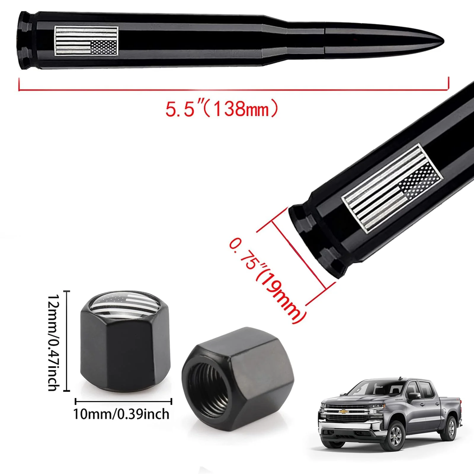 American Flag Car Truck Antenna with Valve Stem Caps, Universal Mast for GM Chevy Silverado 1500 2500 3500 HD Avalanche Ford F150 F250 F350 Denali Heavy Duty Pickup Trucks Accessories (Black) 5.5 inch Black Style - Image 6