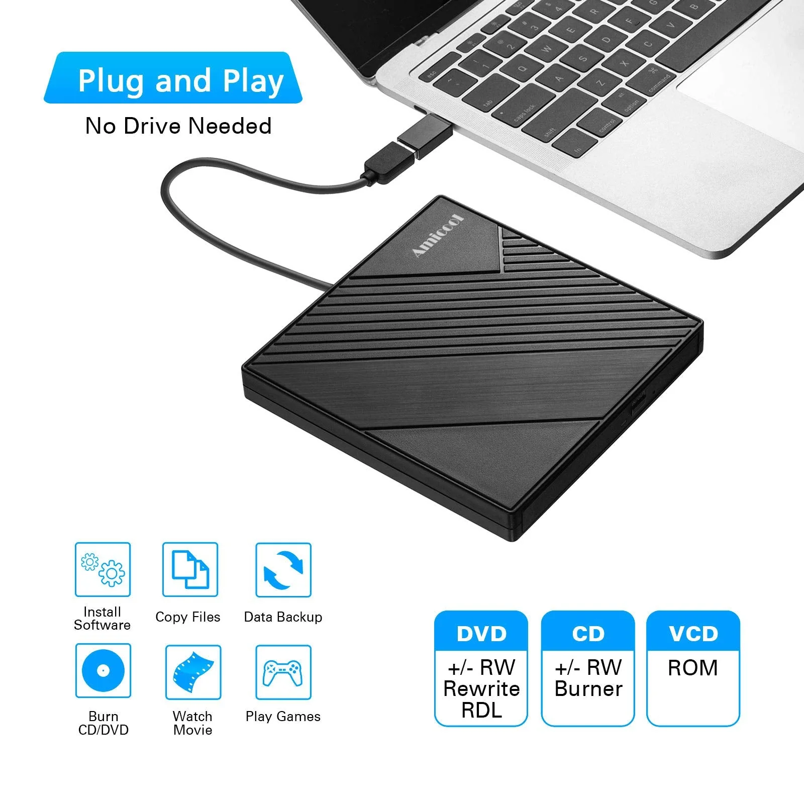 Amicool External DVD Drive USB 3.0 USB C CD Burner CD/DVD +/-RW Optical Drive, Slim Portable DVD CD ROM Rewriter Writer Duplicator for Laptop Desktop PC Windows 11/10/8/7 MacBook Mac Linux OS Apple star-color - Image 2