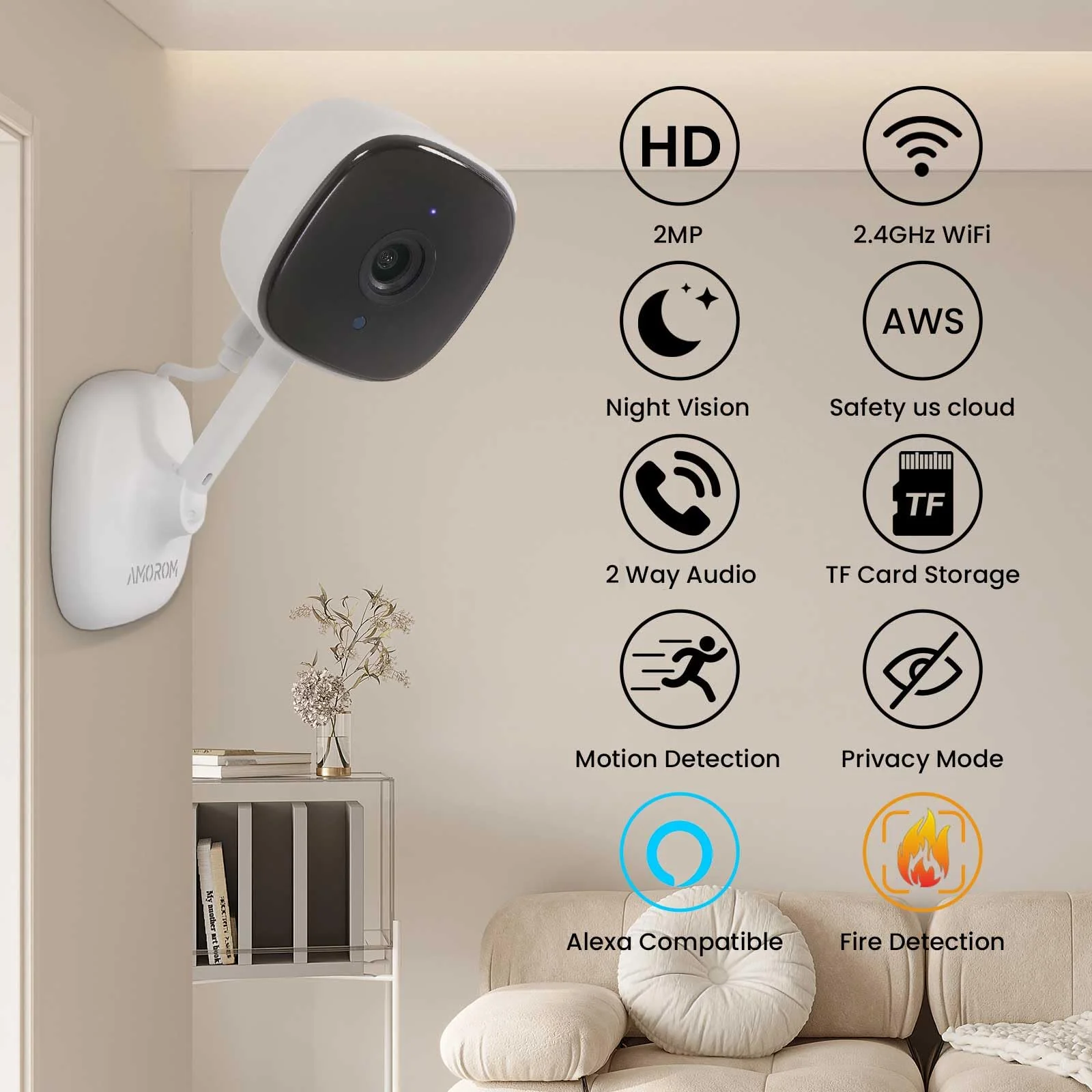 AMOROM 2 Pack 1080P Indoor Wired Security Cameras, Home Indoor Cameras for Dog/Cat/Pet/Nanny/Baby/Elderly, Motion Detection, Night Vision, Smoke Siren, 24/7 Recordings, 2.4GHz Wi-Fi 2 Packs - Image 2
