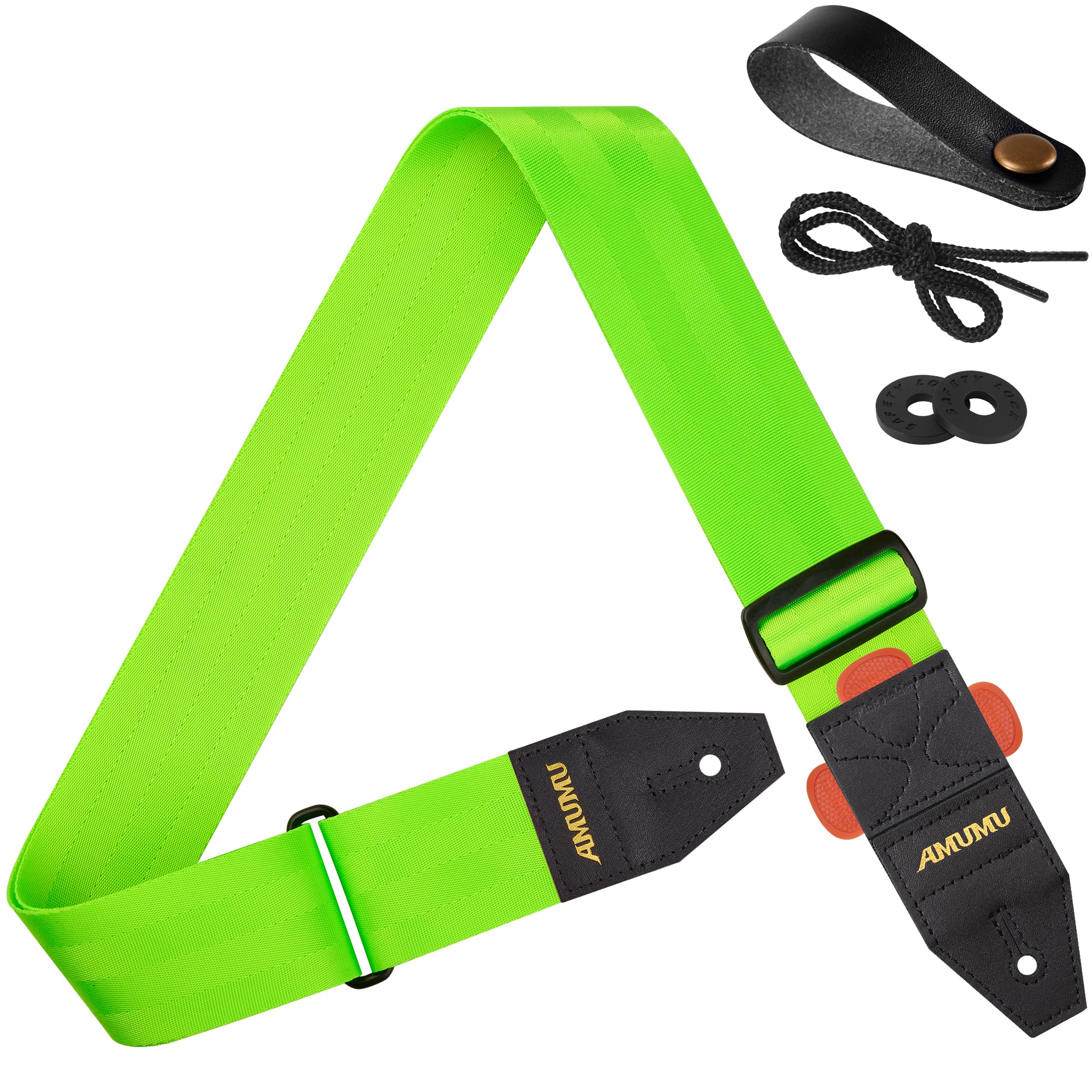 Amumu DURALINK Nylon Seatbelt Guitar Strap with Top Grain Leather Ends for Acoustic, Electric, Bass Guitar, with Quick-Fetch Pick Holder -Neo Green Neo Green