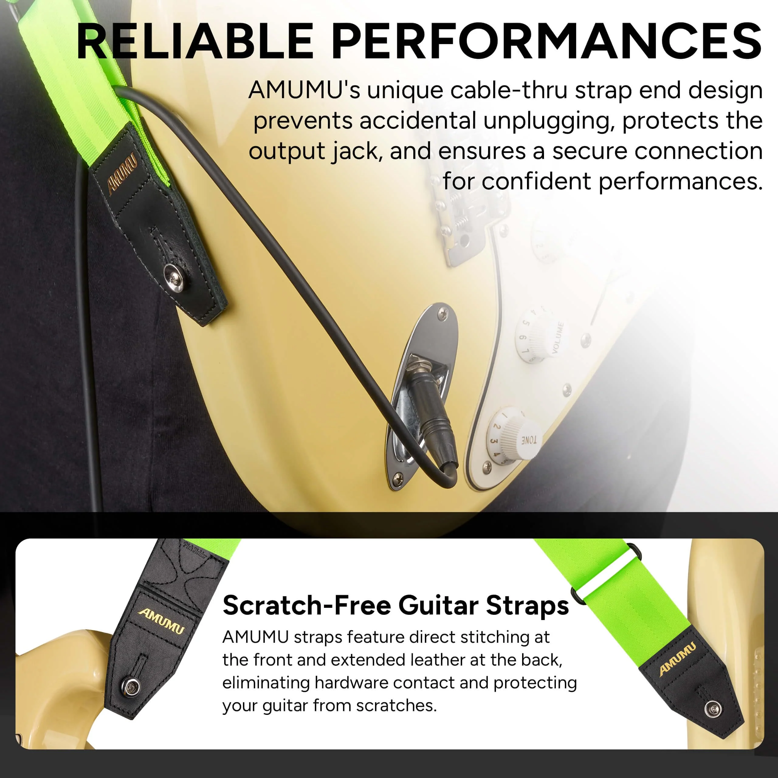 Amumu DURALINK Nylon Seatbelt Guitar Strap with Top Grain Leather Ends for Acoustic, Electric, Bass Guitar, with Quick-Fetch Pick Holder -Neo Green Neo Green - Image 6