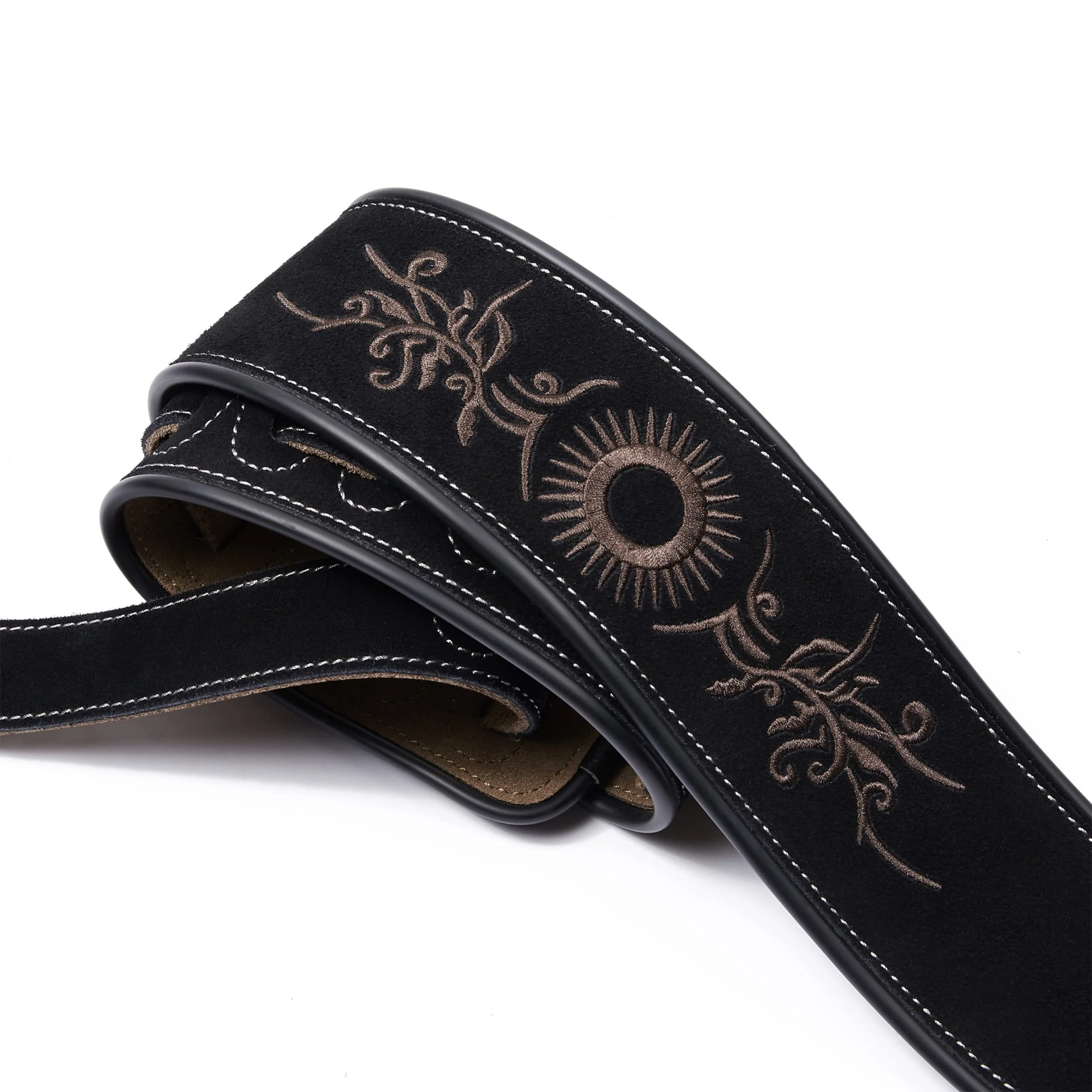 Amumu Embroidered Suede Leather Guitar Strap for Acoustic, Electric and Bass Guitar - Black Sun-flower Embroidered - Image 2