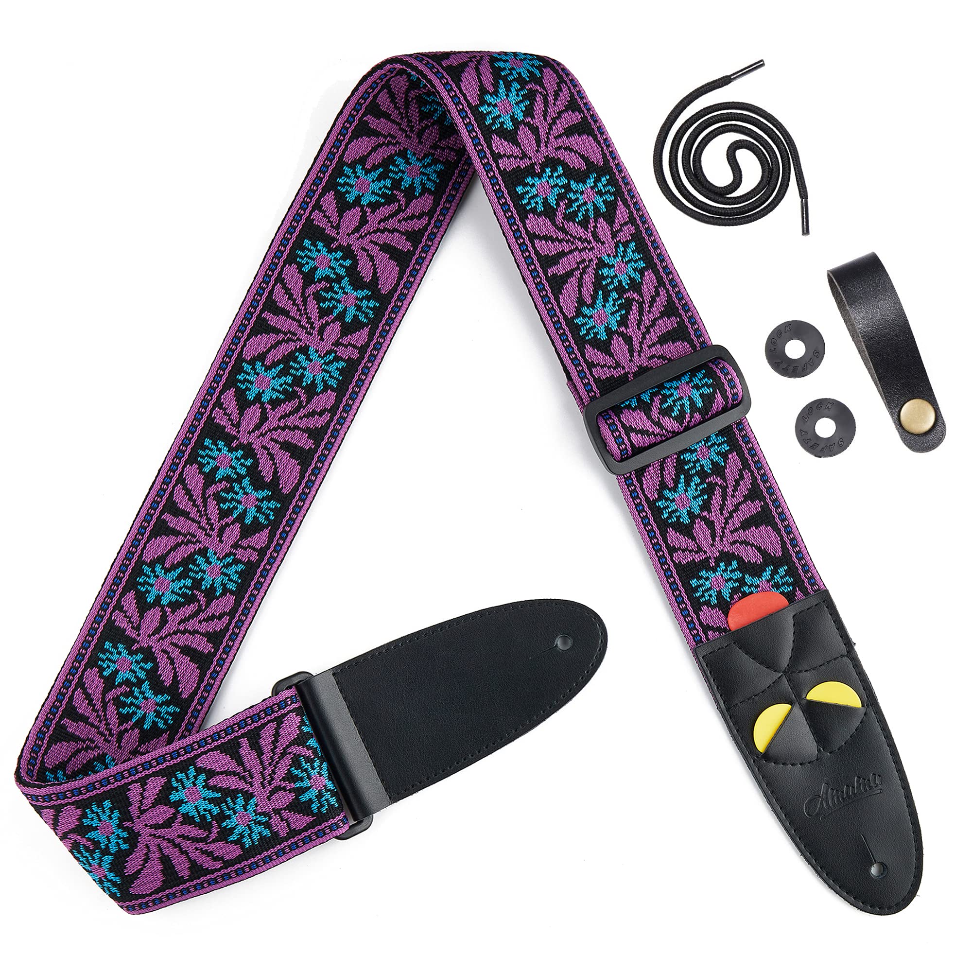 Amumu Guitar Strap Jacquard Purple Blue Flower for Bass, Electric & Acoustic Guitar Accessories