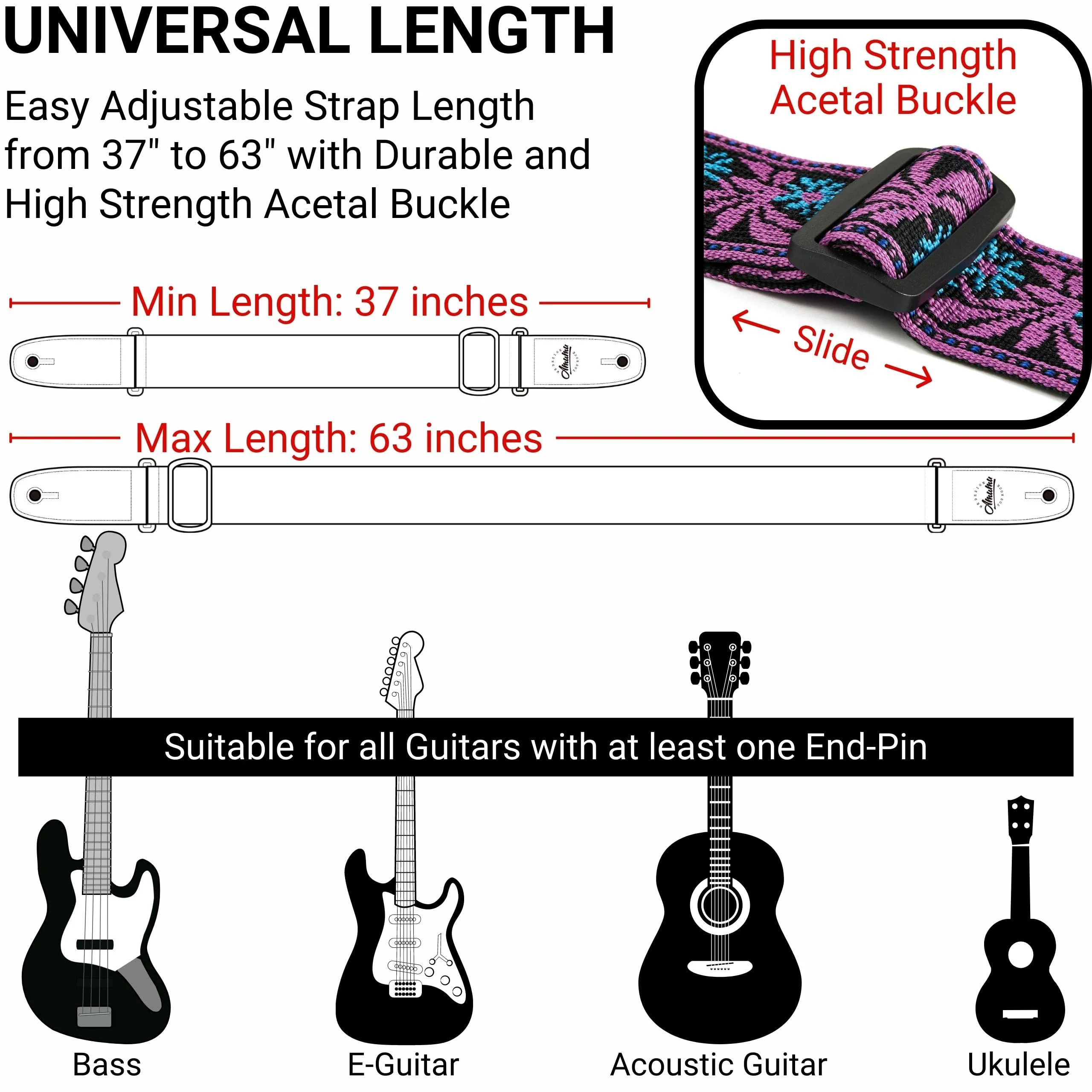 Amumu Guitar Strap Jacquard Purple Blue Flower for Bass, Electric & Acoustic Guitar Accessories - Image 3
