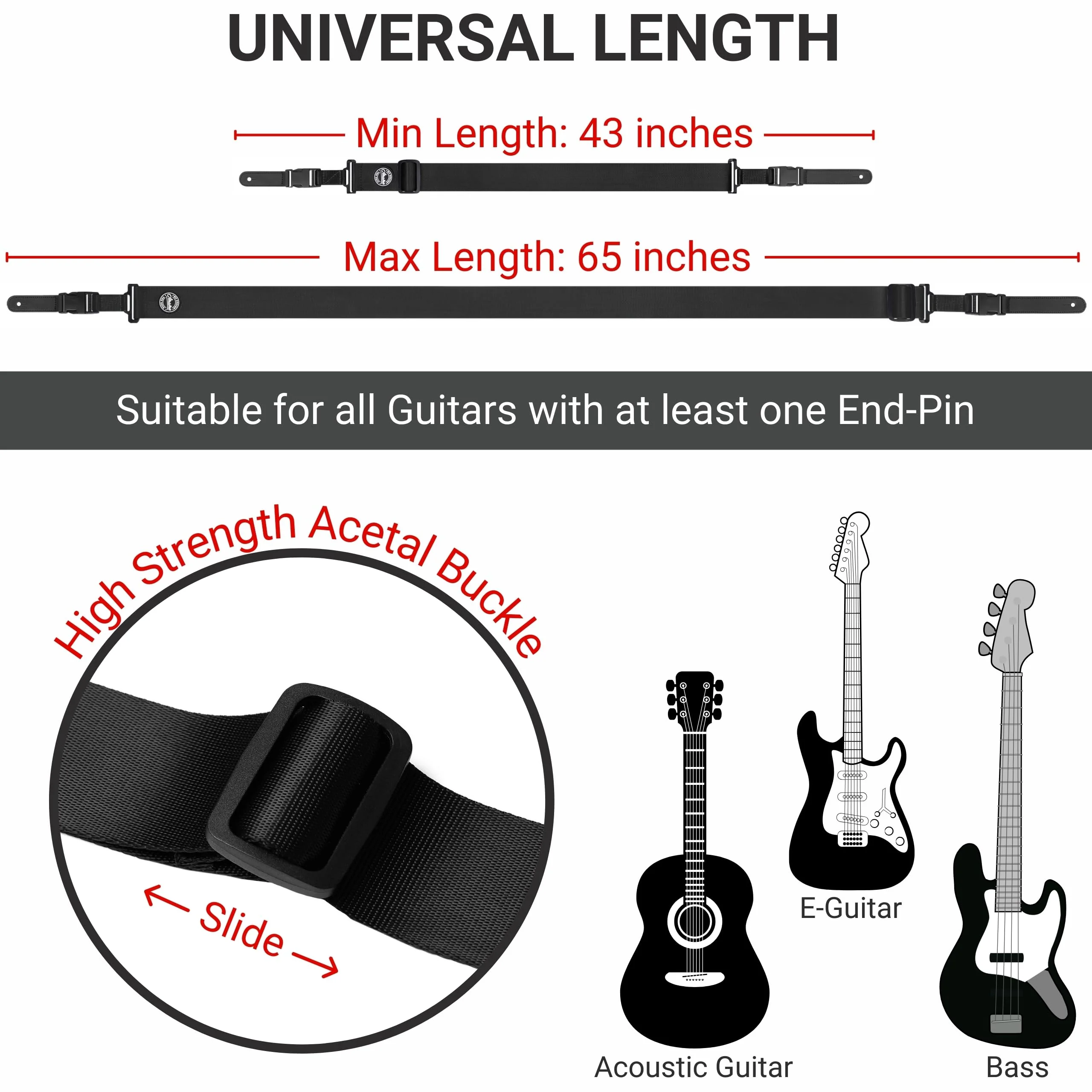 Amumu Nylon Snapclock Guitar Strap with Clip Buckle for Acoustic, Electric, Bass Guitar with Strap Blocks & Headstock Tie Black - Image 3