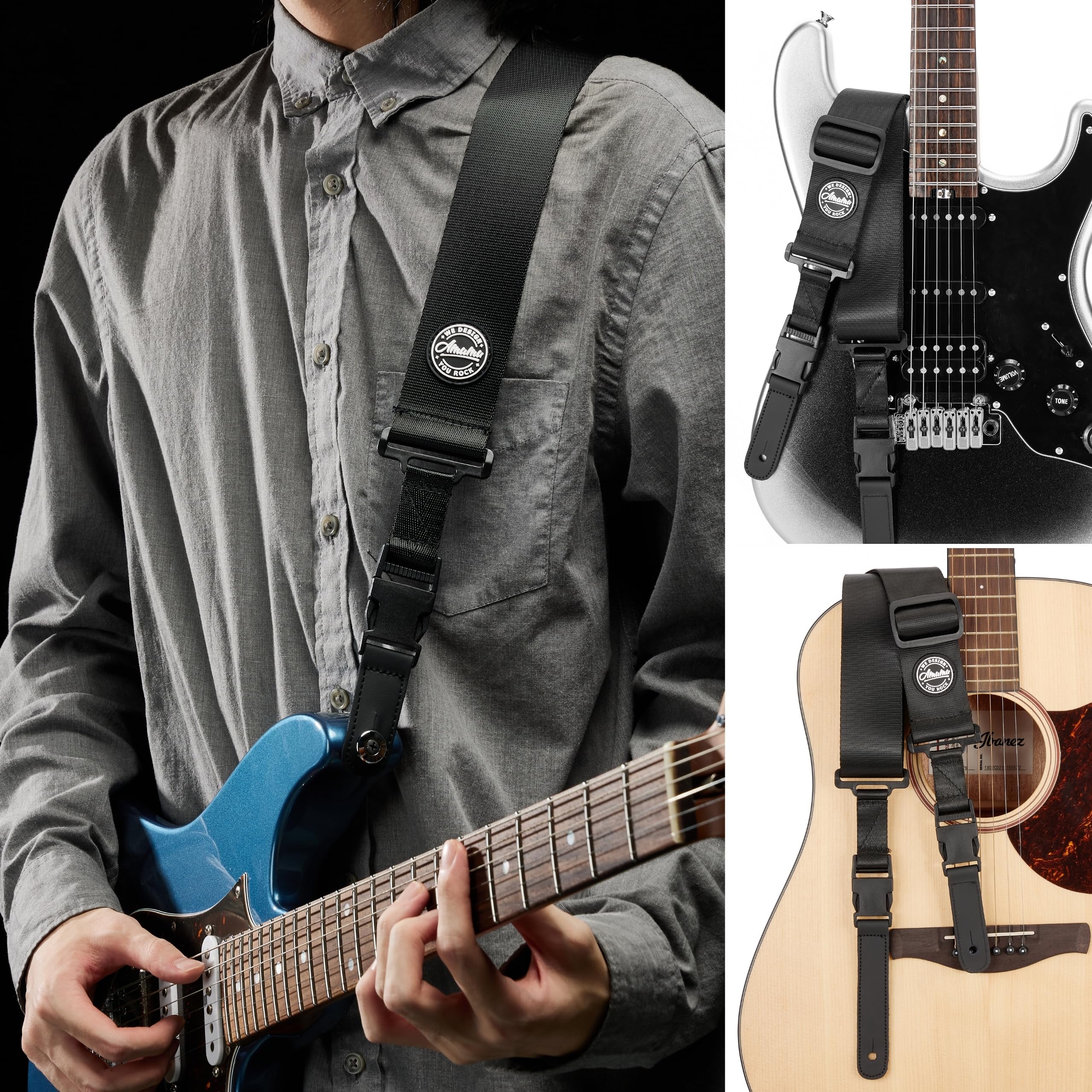 Amumu Nylon Snapclock Guitar Strap with Clip Buckle for Acoustic, Electric, Bass Guitar with Strap Blocks & Headstock Tie Black - Image 5