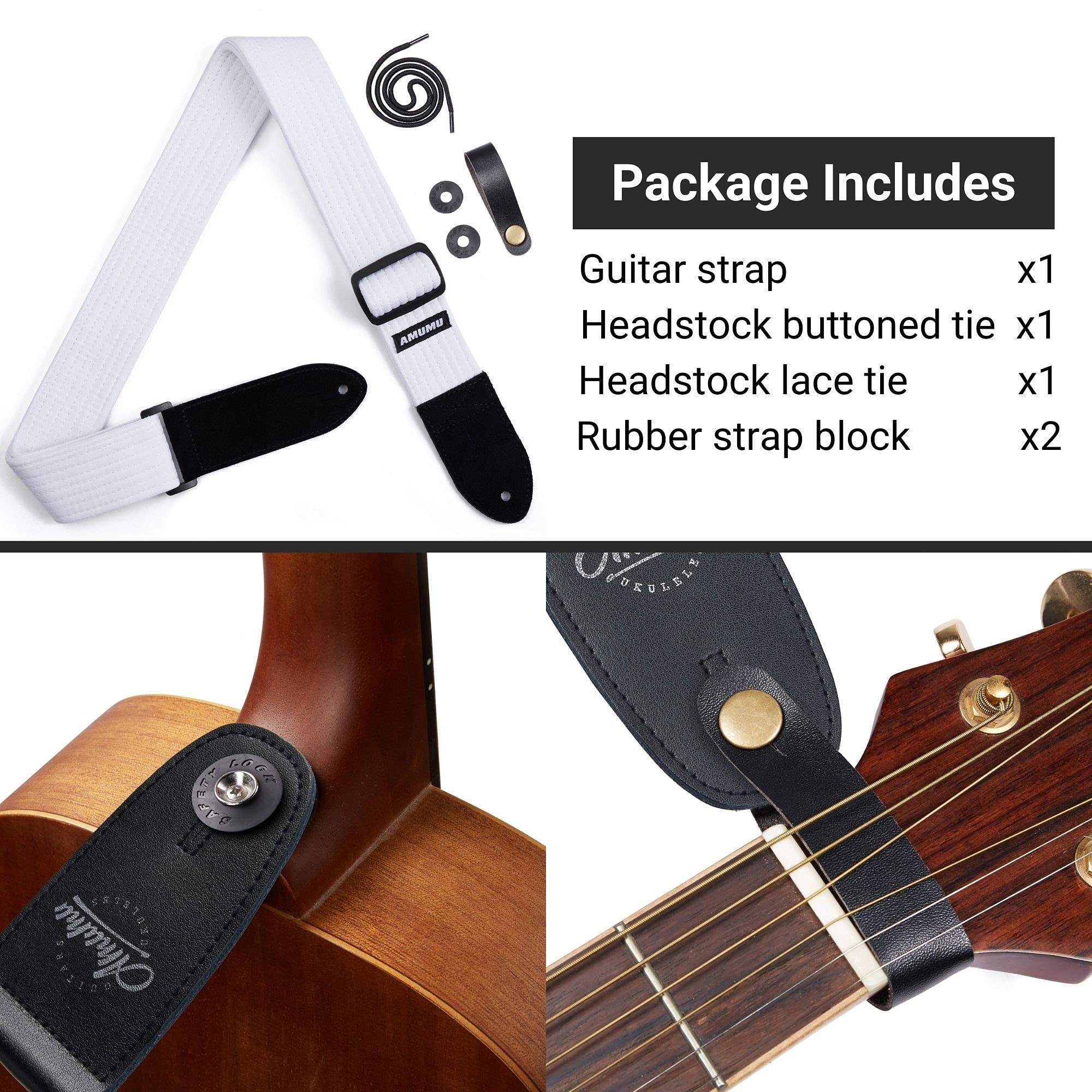 Amumu Premium Thick Cotton Guitar Strap - Ideal for Acoustic, Electric, and Bass Guitars White - Image 3