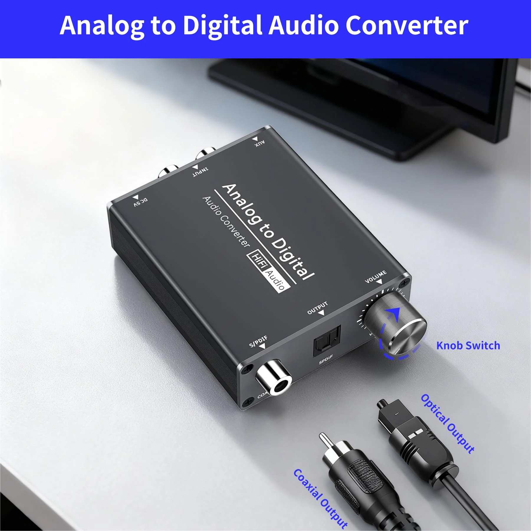 Analog to Digital Audio Converter, RCA to Optical w/ 3.5mm AUX Jack Toslink, Coaxial Adapter with Adjustable Volume RCA to Optical Converter - Image 7