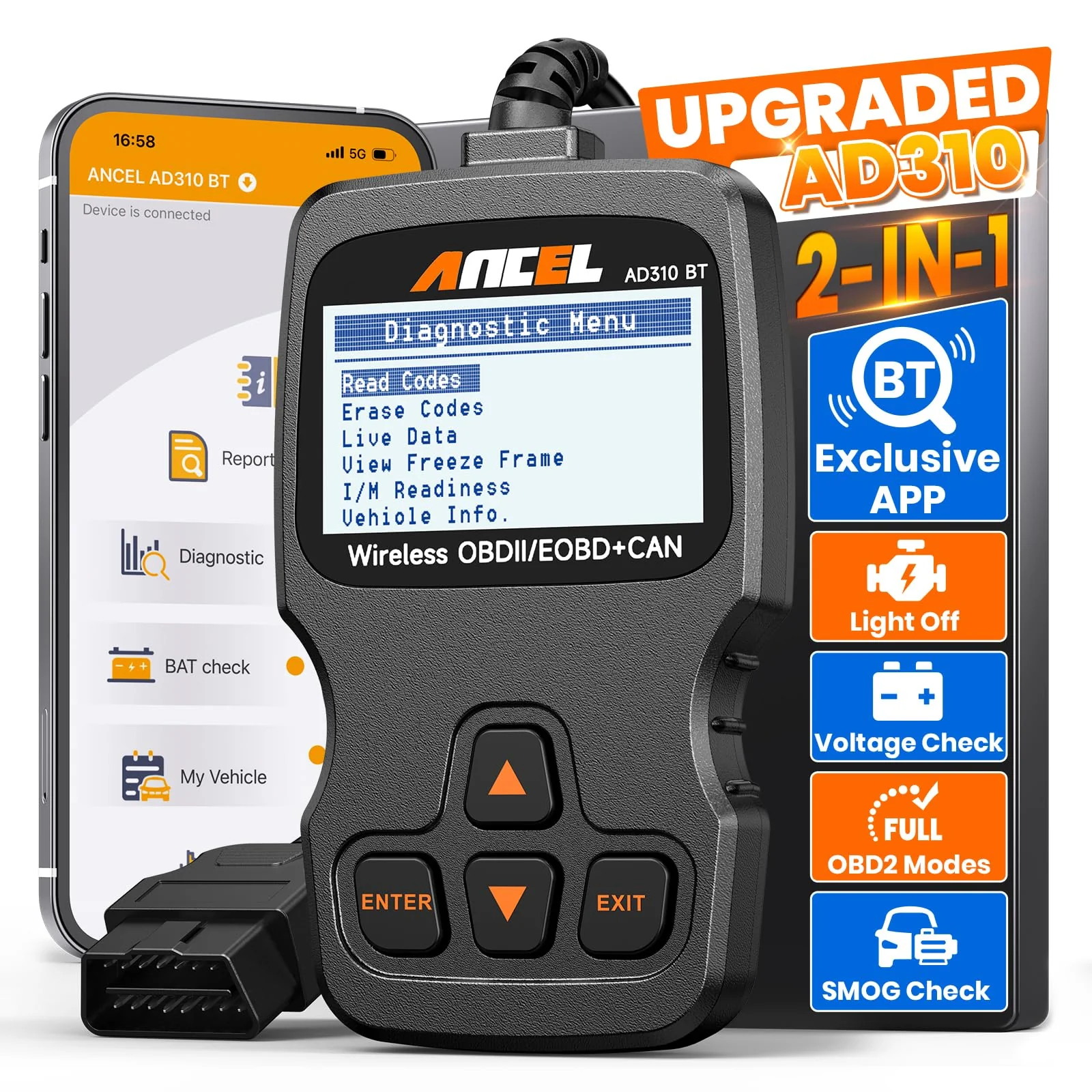 ANCEL AD310BT Enhanced Bluetooth OBD2 Scanner, 2-in-1 Car Engine Fault Code Reader for iPhone & Android, Battery Test, Trip Analysis, Performance Test, Car Diagnostic Scan Tool for All Vehicles 1996+