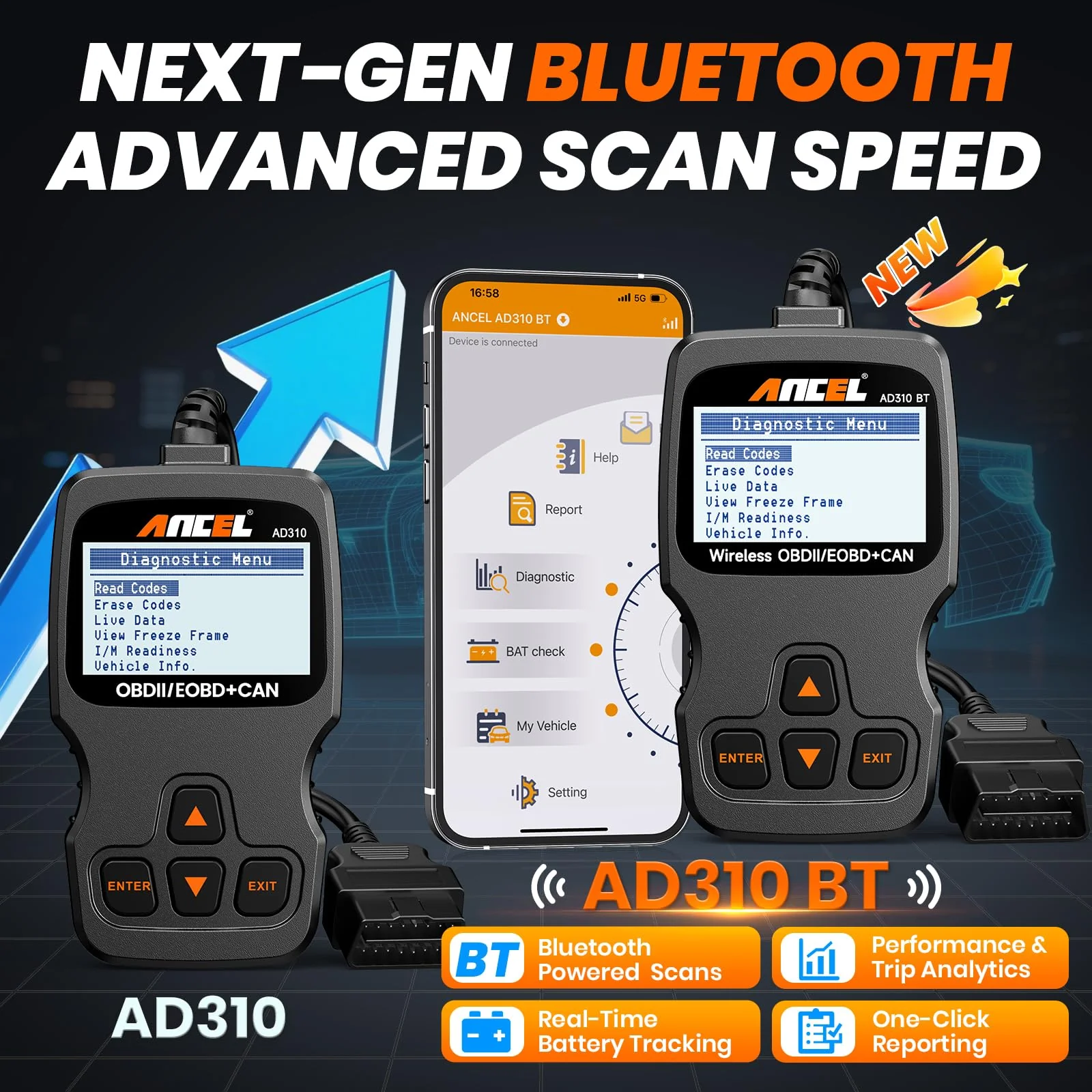 ANCEL AD310BT Enhanced Bluetooth OBD2 Scanner, 2-in-1 Car Engine Fault Code Reader for iPhone & Android, Battery Test, Trip Analysis, Performance Test, Car Diagnostic Scan Tool for All Vehicles 1996+ - Image 2