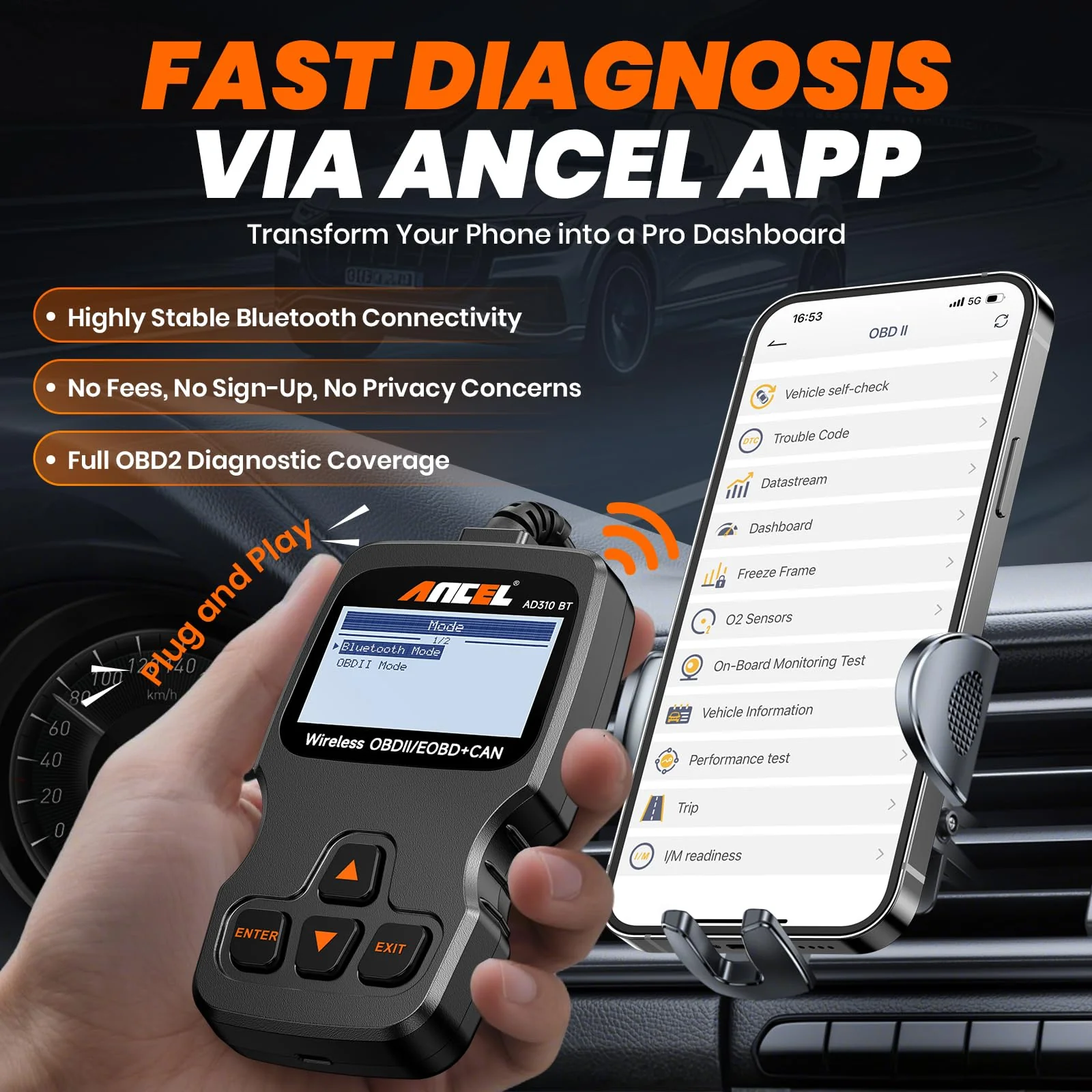 ANCEL AD310BT Enhanced Bluetooth OBD2 Scanner, 2-in-1 Car Engine Fault Code Reader for iPhone & Android, Battery Test, Trip Analysis, Performance Test, Car Diagnostic Scan Tool for All Vehicles 1996+ - Image 3