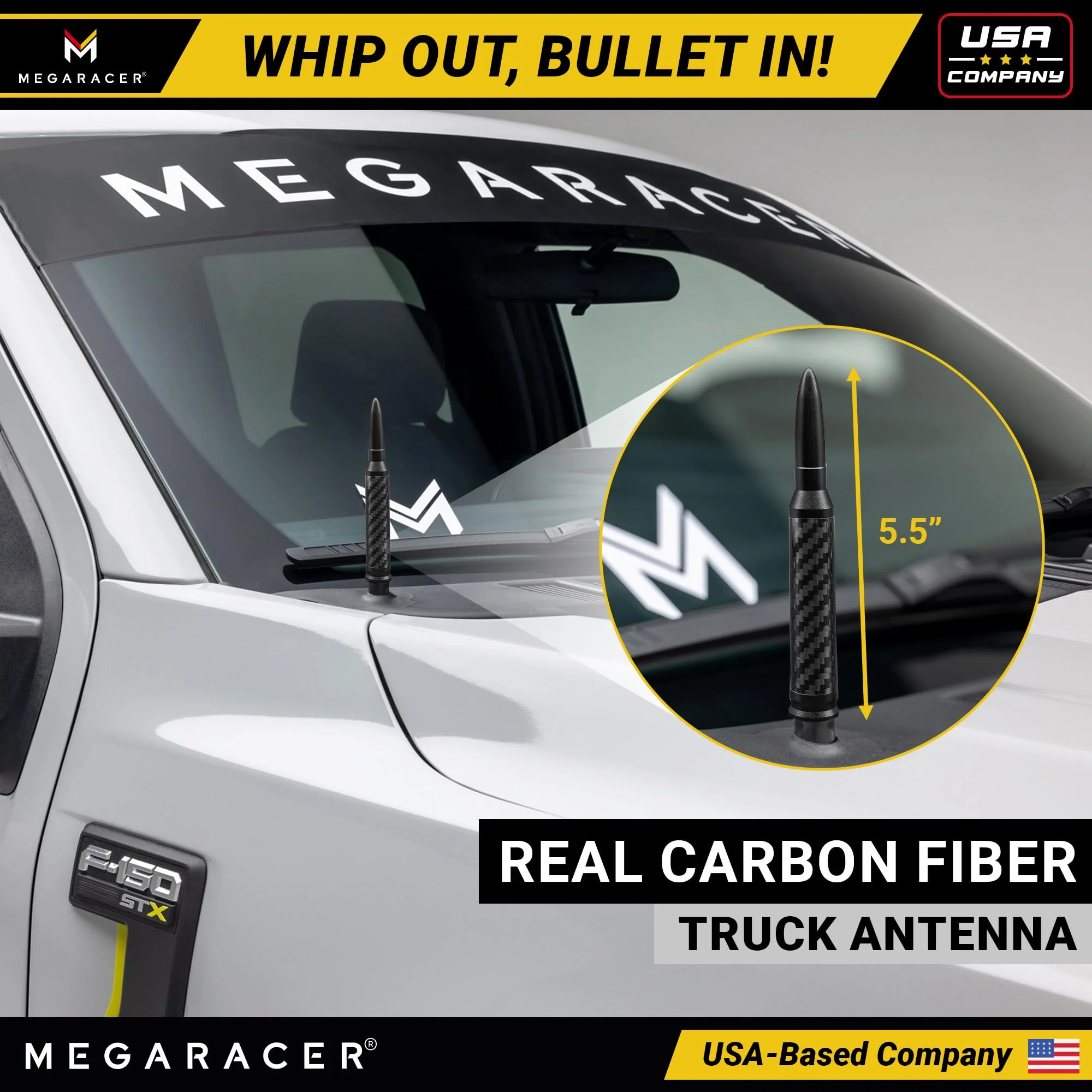 Anodized Carbon Fiber 50 Cal Bullet Antenna for Truck - Fits Ford F150 F250 Bronco RAM 1500 Chevy Silverado GMC Sierra Tundra Tacoma - UV & Chip Resistant, Car Wash Safe, Short Replacement, Black - Image 2