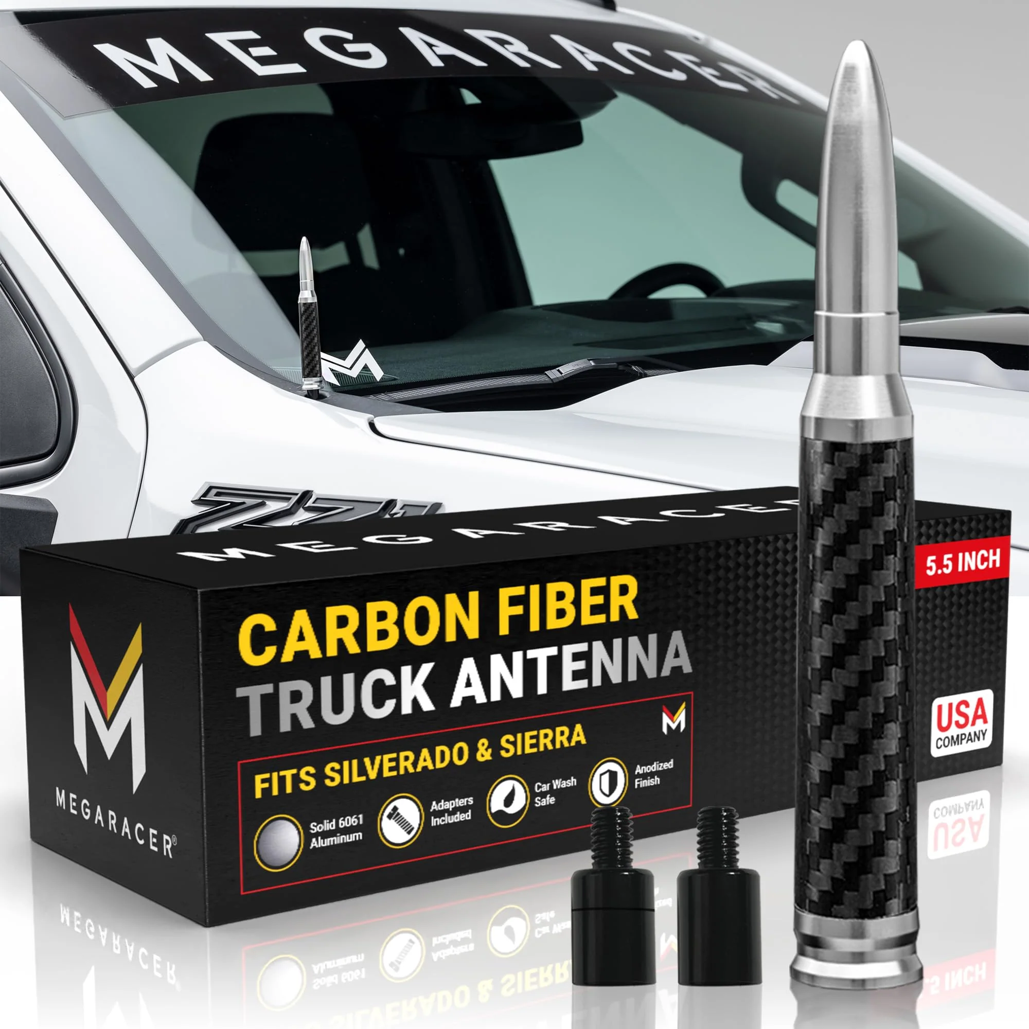 Anodized Silver Carbon Fiber 50 Cal Bullet Antenna for Chevy Silverado & GMC Sierra 1500 2500 (1999-2026) – Billet Aluminum, UV & Chip-Resistant, Car Wash Safe, Short Truck Replacement Accessories