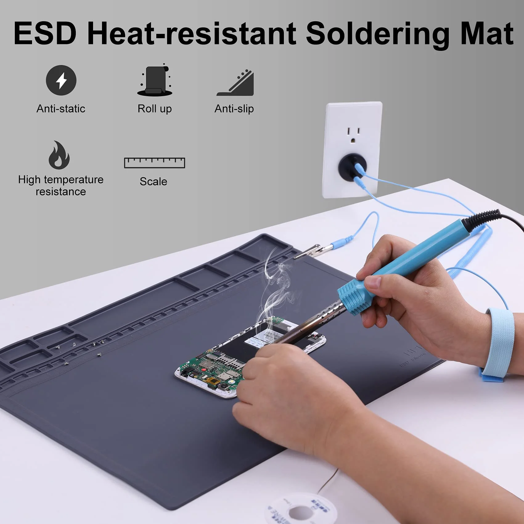 Anti-Static Mat ESD Safe for Electronic Includes ESD Wristband and Grounding Wire, HPFIX Silicone Soldering Repair Mat 932°F Heat Resistant for iPhone iPad iMac, Laptop, Computer, 15.9” x 12” Grey - Image 5