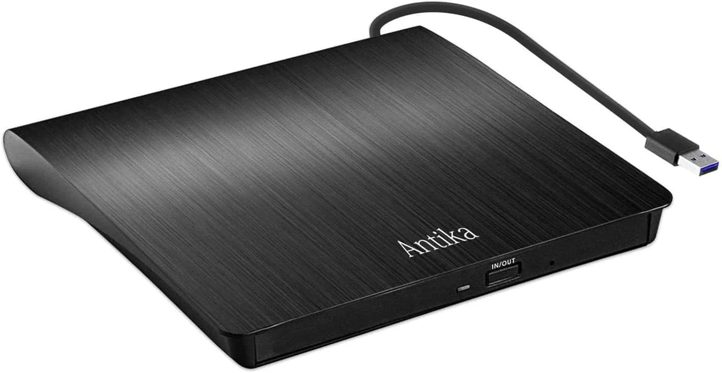 Antika External CD Drive USB 3.0 Portable Slim External DVD Drive CD DVD +/-RW ROM Burner Writer/Player for MacBook Pro Laptop/Desktops Win 11/10/7/8.1 (Black) Black