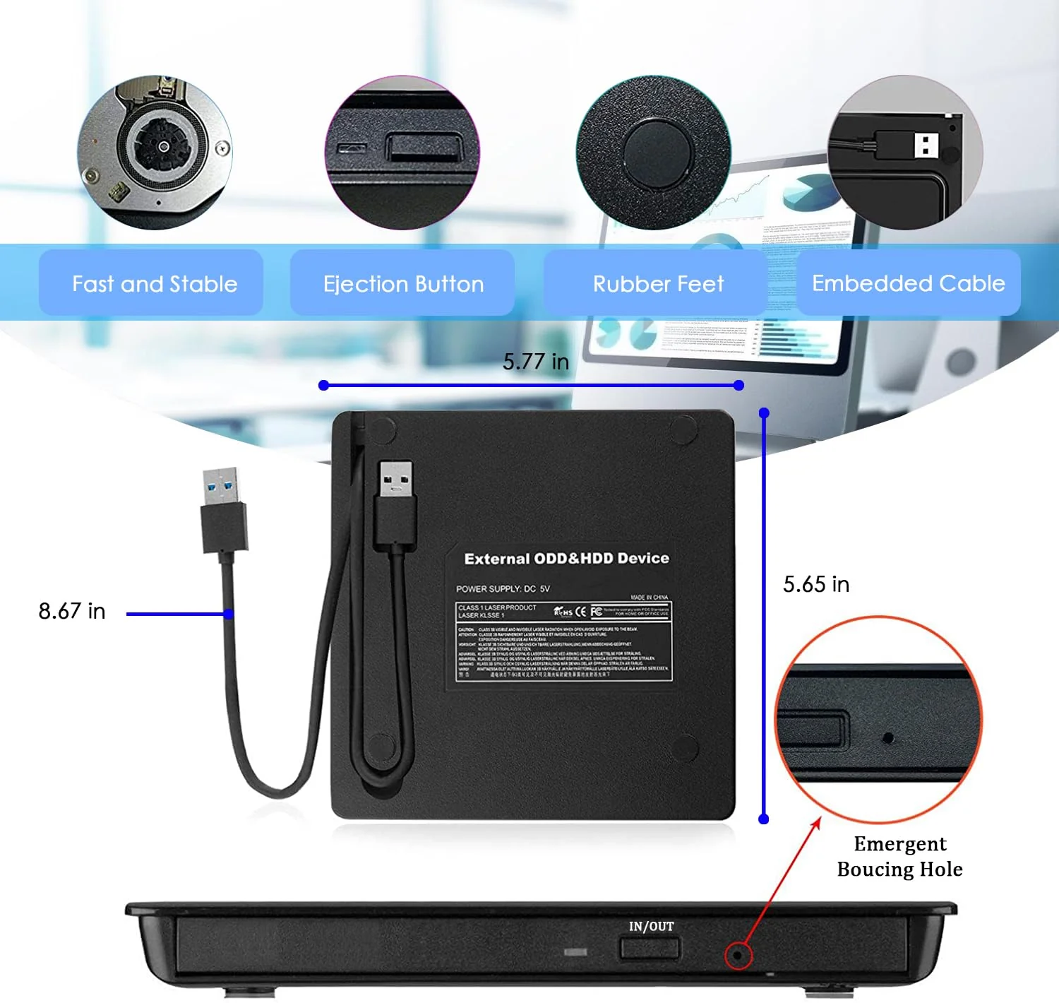 Antika External CD Drive USB 3.0 Portable Slim External DVD Drive CD DVD +/-RW ROM Burner Writer/Player for MacBook Pro Laptop/Desktops Win 11/10/7/8.1 (Black) Black - Image 5