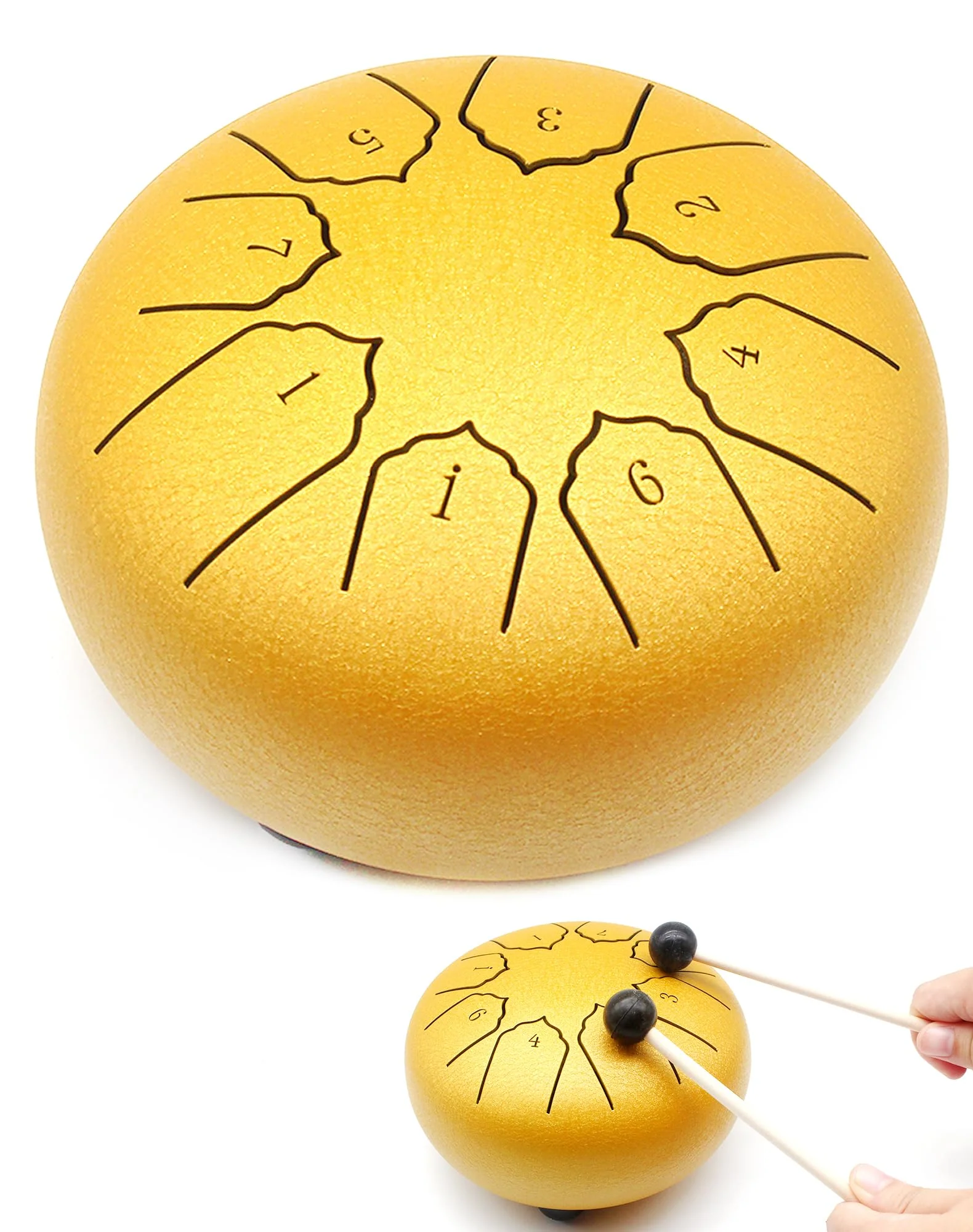 Anvin Steel Tongue Drum 6 Inch 8 Notes Metal Hand Drum with Drum Mallets Music Book Rain Drum Sound Healing Instruments for Meditation Yoga Zen Entertainment Gifts(Gold) Gold