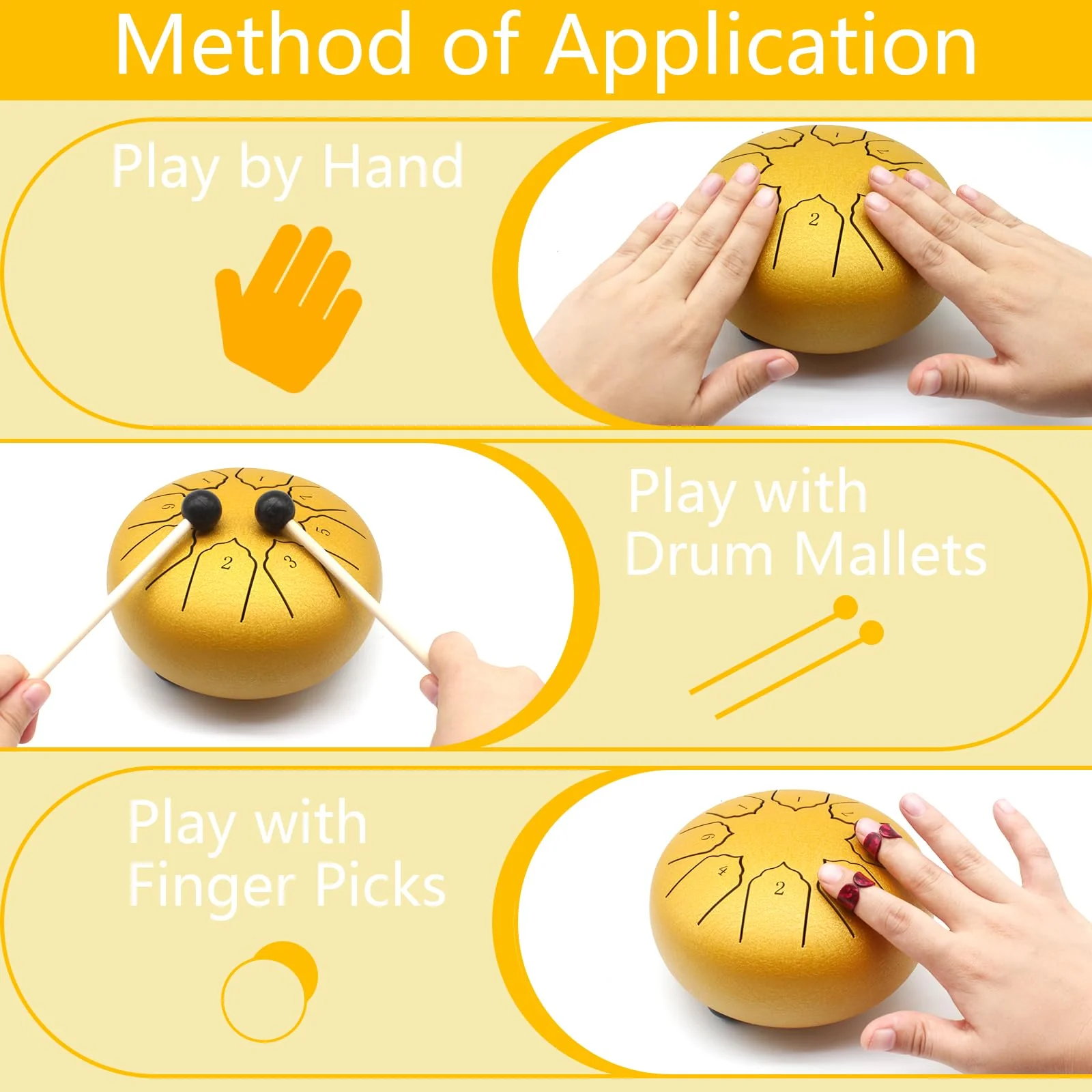 Anvin Steel Tongue Drum 6 Inch 8 Notes Metal Hand Drum with Drum Mallets Music Book Rain Drum Sound Healing Instruments for Meditation Yoga Zen Entertainment Gifts(Gold) Gold - Image 4