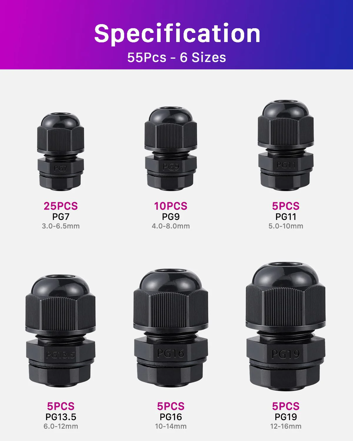 ANVINKU Cable Gland, Waterproof with Seals, 55 Pieces, PG7 PG9 PG11 PG13.5 PG16 PG19 Cable Grommet Waterproof, Black Adjustable Cable Glands Set PG7/PG9/PG11/PG13.5/PG16/PG19 - Image 2