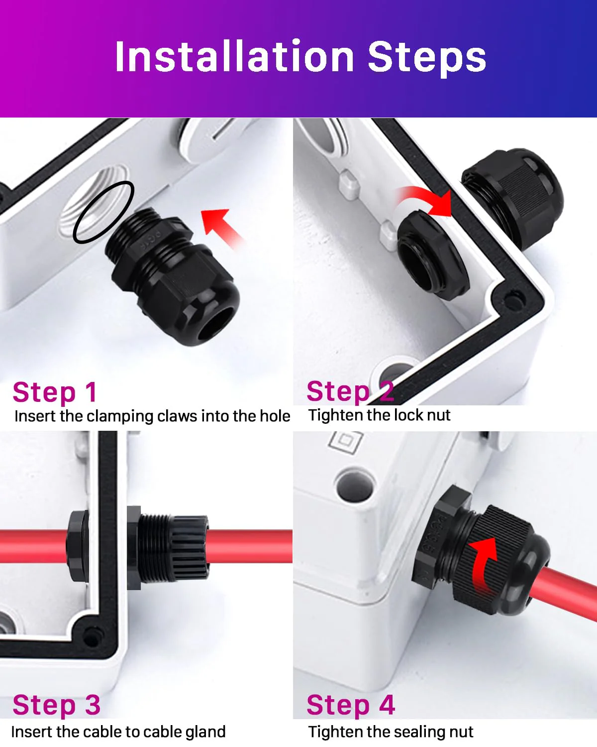ANVINKU Cable Gland, Waterproof with Seals, 55 Pieces, PG7 PG9 PG11 PG13.5 PG16 PG19 Cable Grommet Waterproof, Black Adjustable Cable Glands Set PG7/PG9/PG11/PG13.5/PG16/PG19 - Image 4