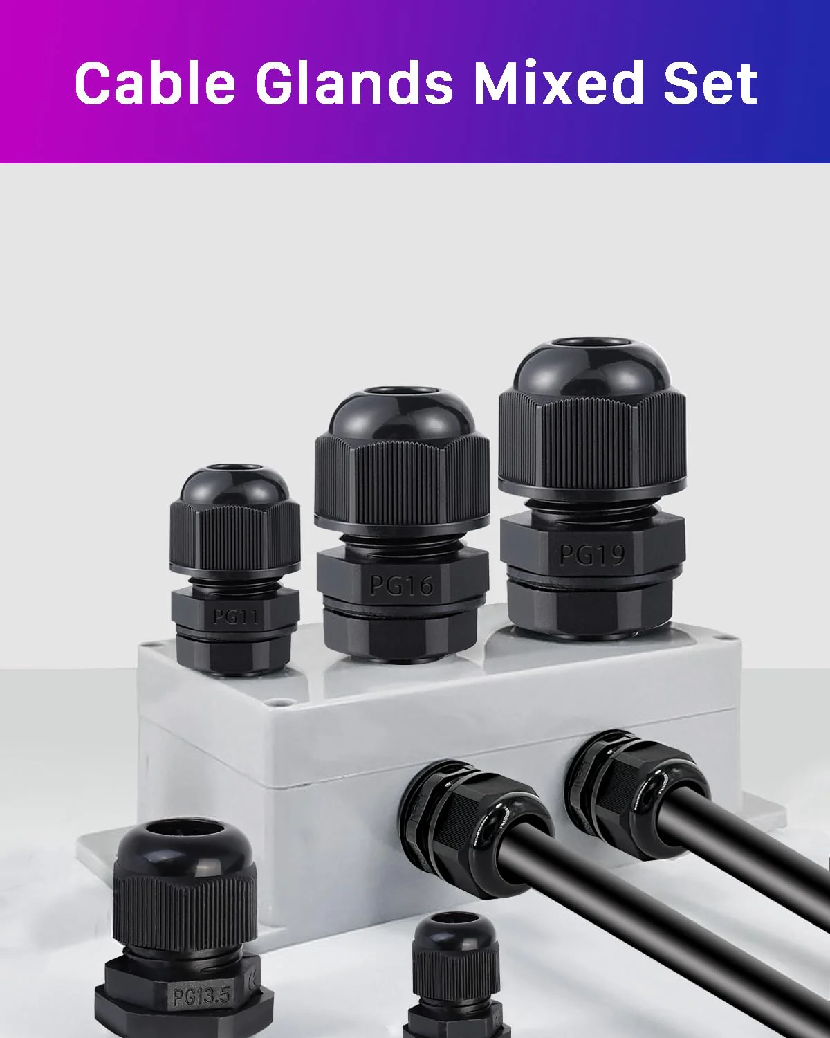 ANVINKU Cable Gland, Waterproof with Seals, 55 Pieces, PG7 PG9 PG11 PG13.5 PG16 PG19 Cable Grommet Waterproof, Black Adjustable Cable Glands Set PG7/PG9/PG11/PG13.5/PG16/PG19 - Image 7