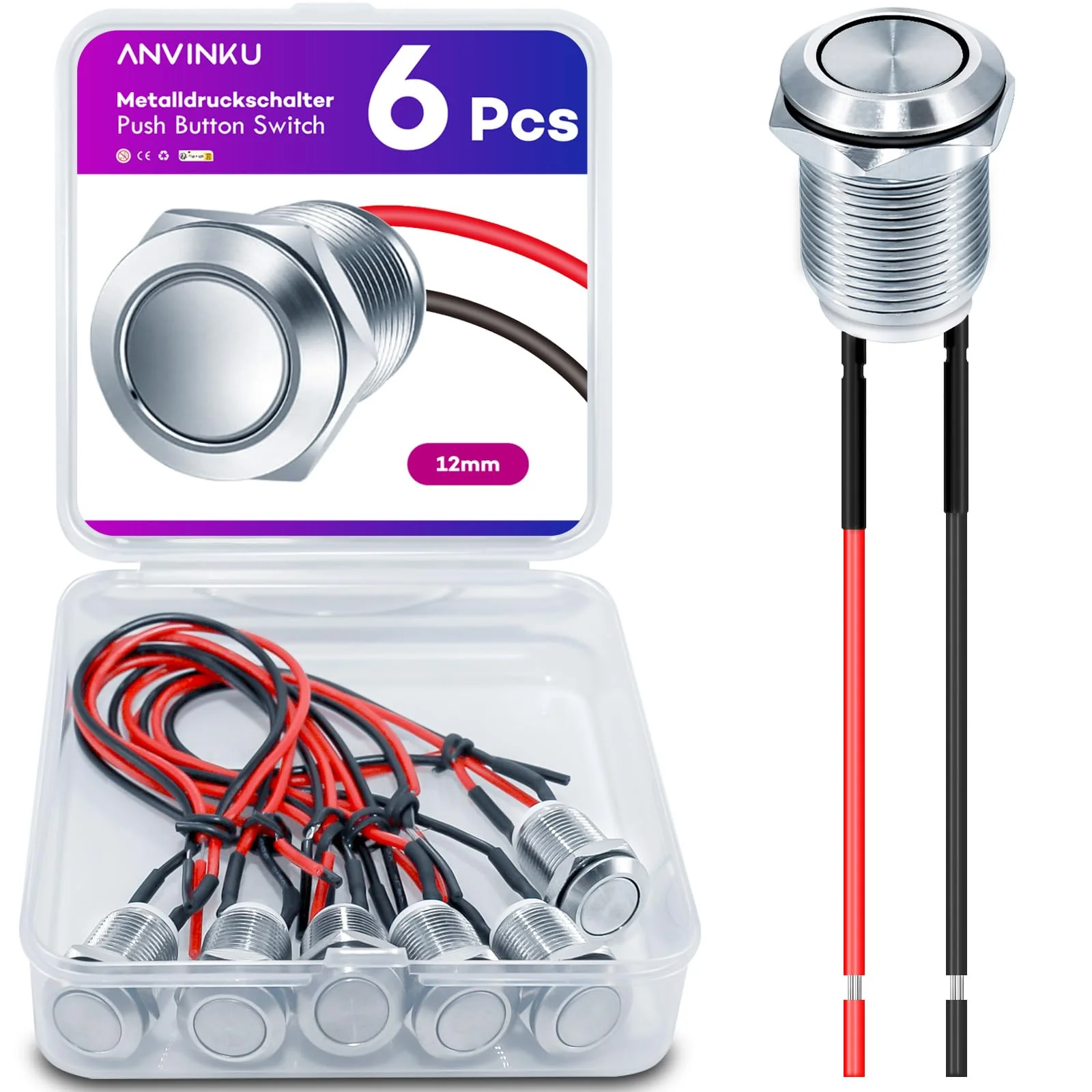 ANVINKU Push Button 6 Pieces, 12 mm Push Button, Waterproof Push Button Switch, 2A/12V/24V/125V/250V Push Switch, Pressure Switch for Horns, Car Round 12MM-6PCS