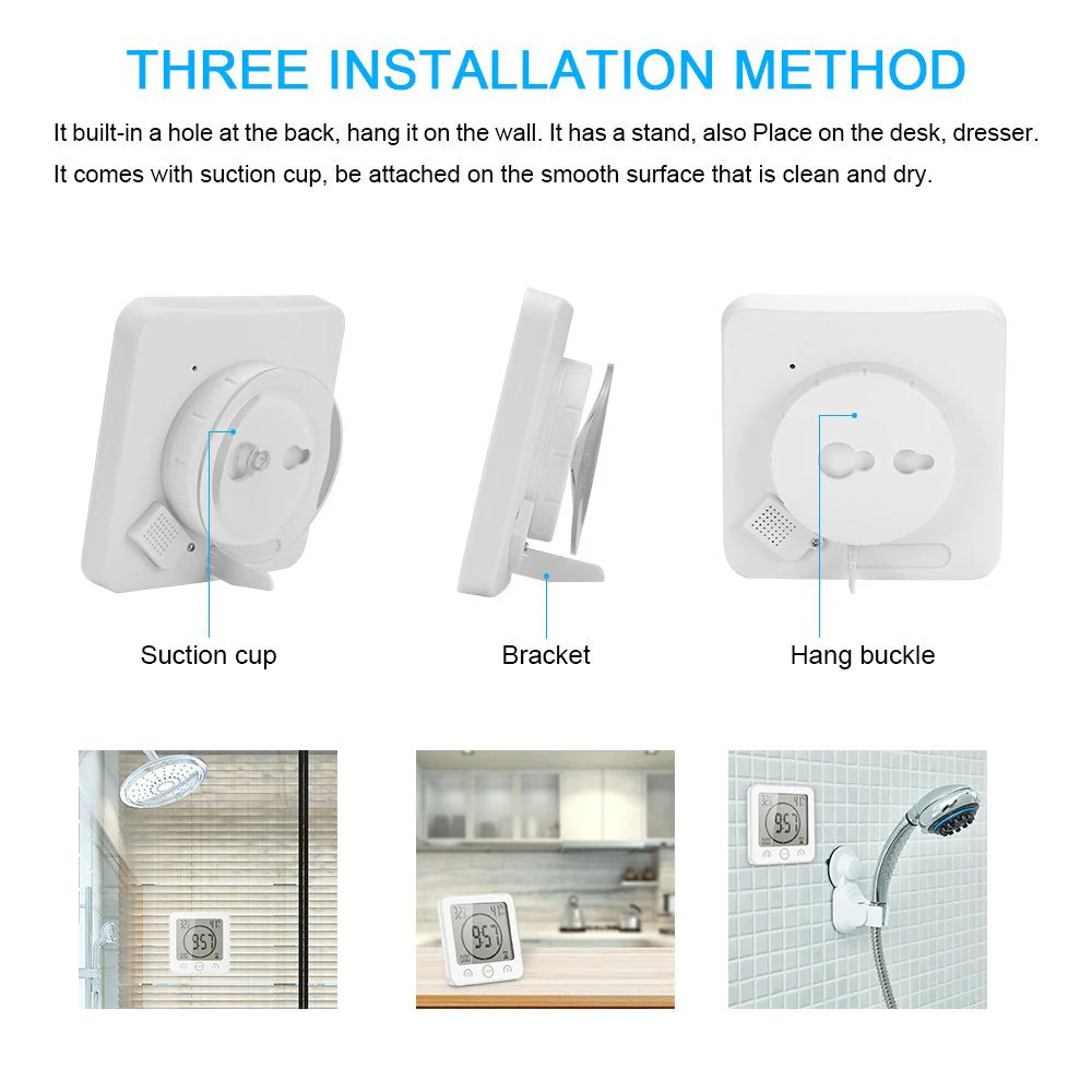 AOZBZ Shower Wall Clock, Digital Kitchen Timer with Alarm, Waterproof Touch Screen Timer, Temperature Humidity Display with Suction Cup Hanging Hole (White) White - Image 6