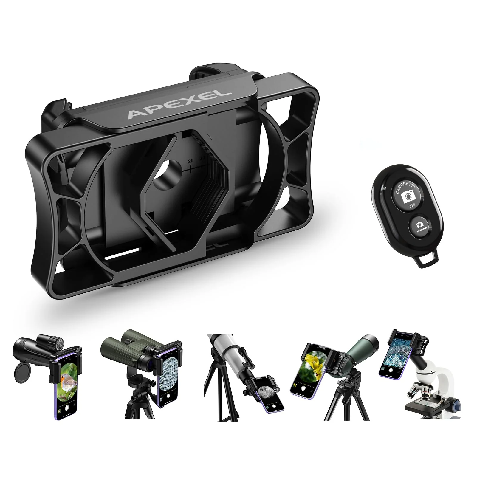 APEXEL Telescope Phone Adapter, Binocular Photo Adapter for Android & iPhone, Phone Holder Mount for Telescope, Monocular, Binocular, Microscope, Spotting Scope. (Including Bluetooth Shutter Remote) With Shutter Remote