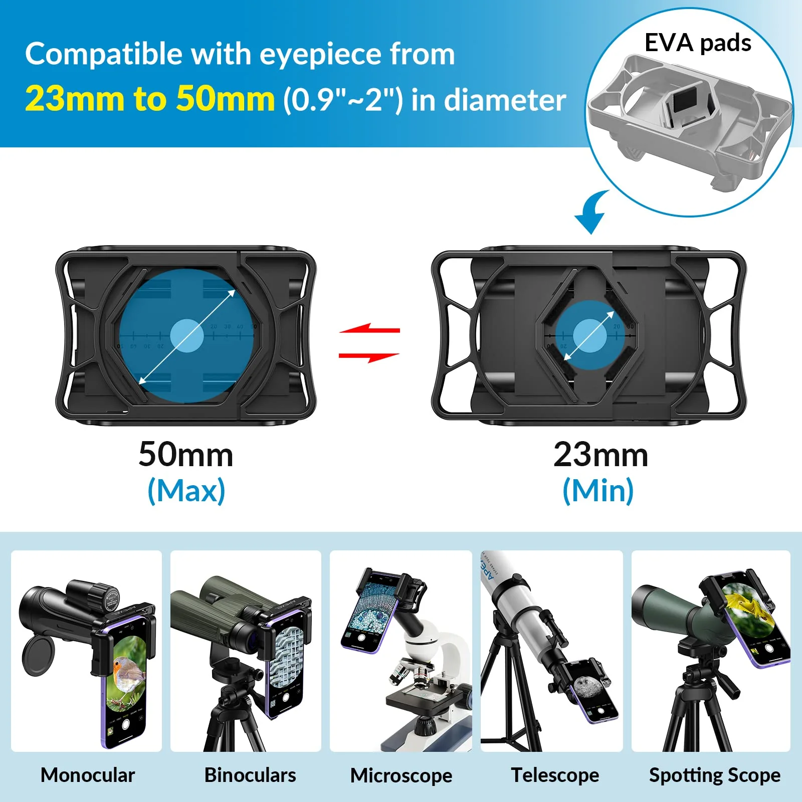 APEXEL Telescope Phone Adapter, Binocular Photo Adapter for Android & iPhone, Phone Holder Mount for Telescope, Monocular, Binocular, Microscope, Spotting Scope. (Including Bluetooth Shutter Remote) With Shutter Remote - Image 6