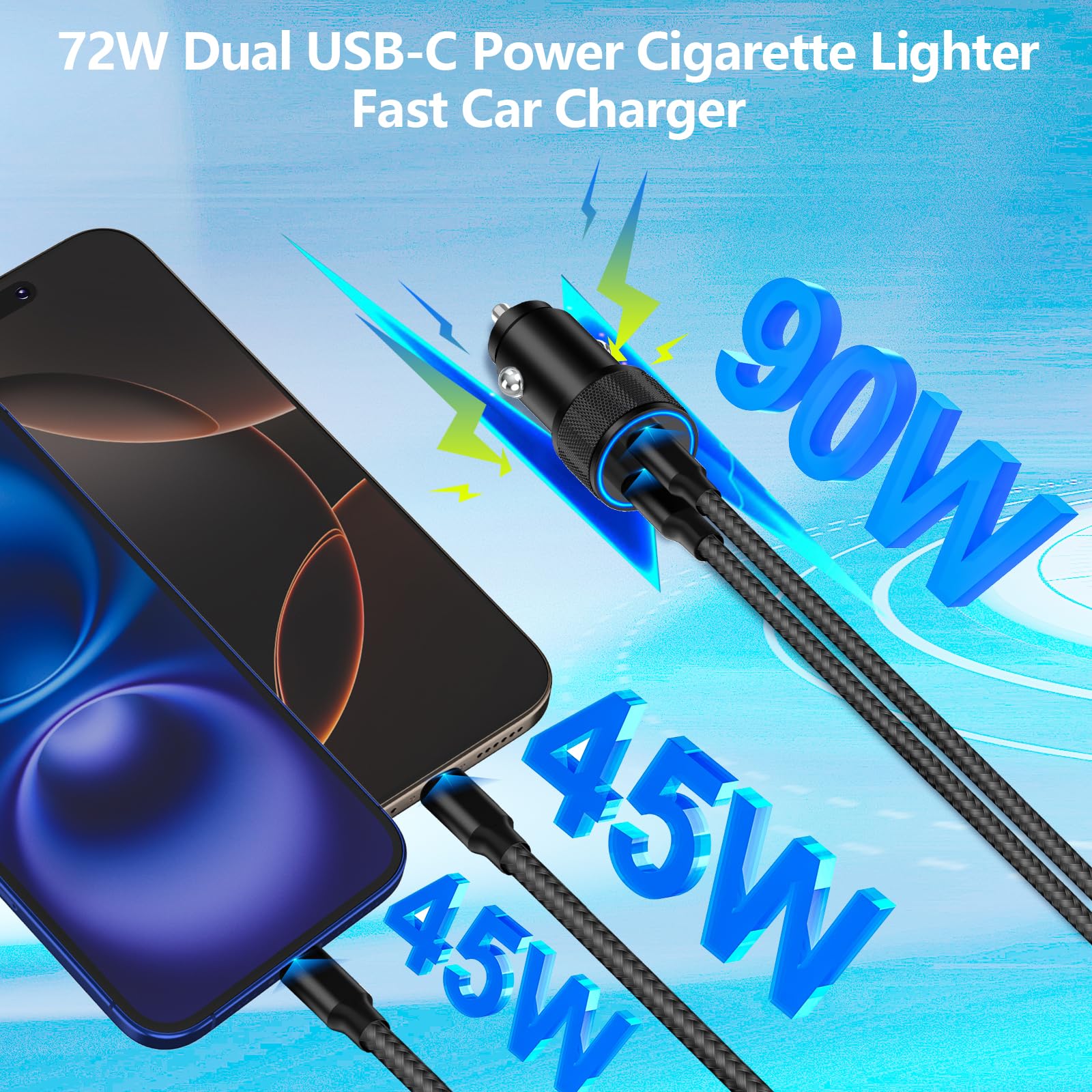[Apple MFi Certified] iPhone Fast Car Charger, Linocell 90W Dual PD Car Power Cigarette Lighter USB-C Car Carplay Charger with 2Pack Type-C Braided Cable for iPhone 16/16 Pro/16 Pro Max/15/15 Pro/iPad Titanium Black Dual USB-C - Image 3