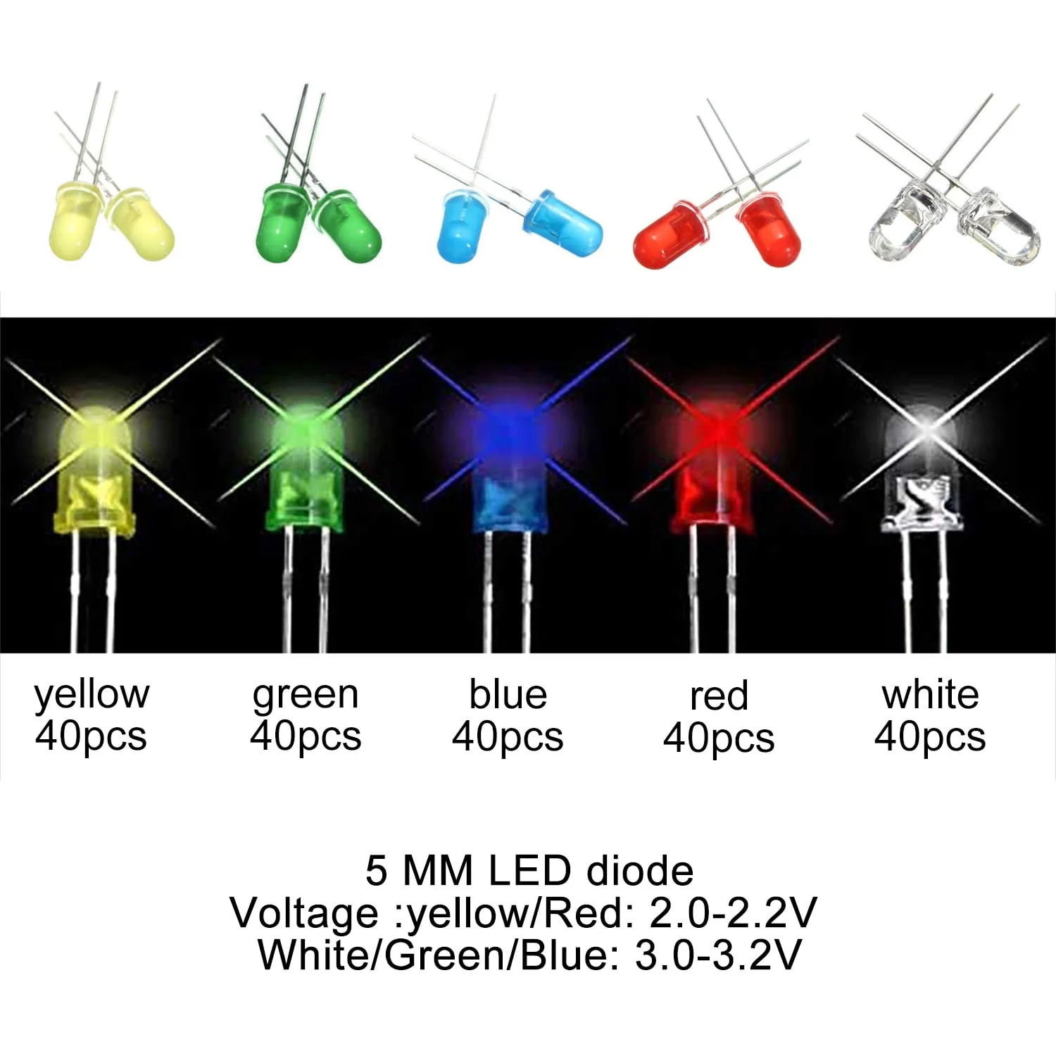AQSQWQ Pack of 200 LED Light Emitting Diodes 5 mm LED Diodes 3 V Light Emitting Diode Assortment Kit 5 Colours Red Blue Yellow Green White Round Head 2 Pin Extra Bright LED Light, Diffuse Diodes Set - Image 3