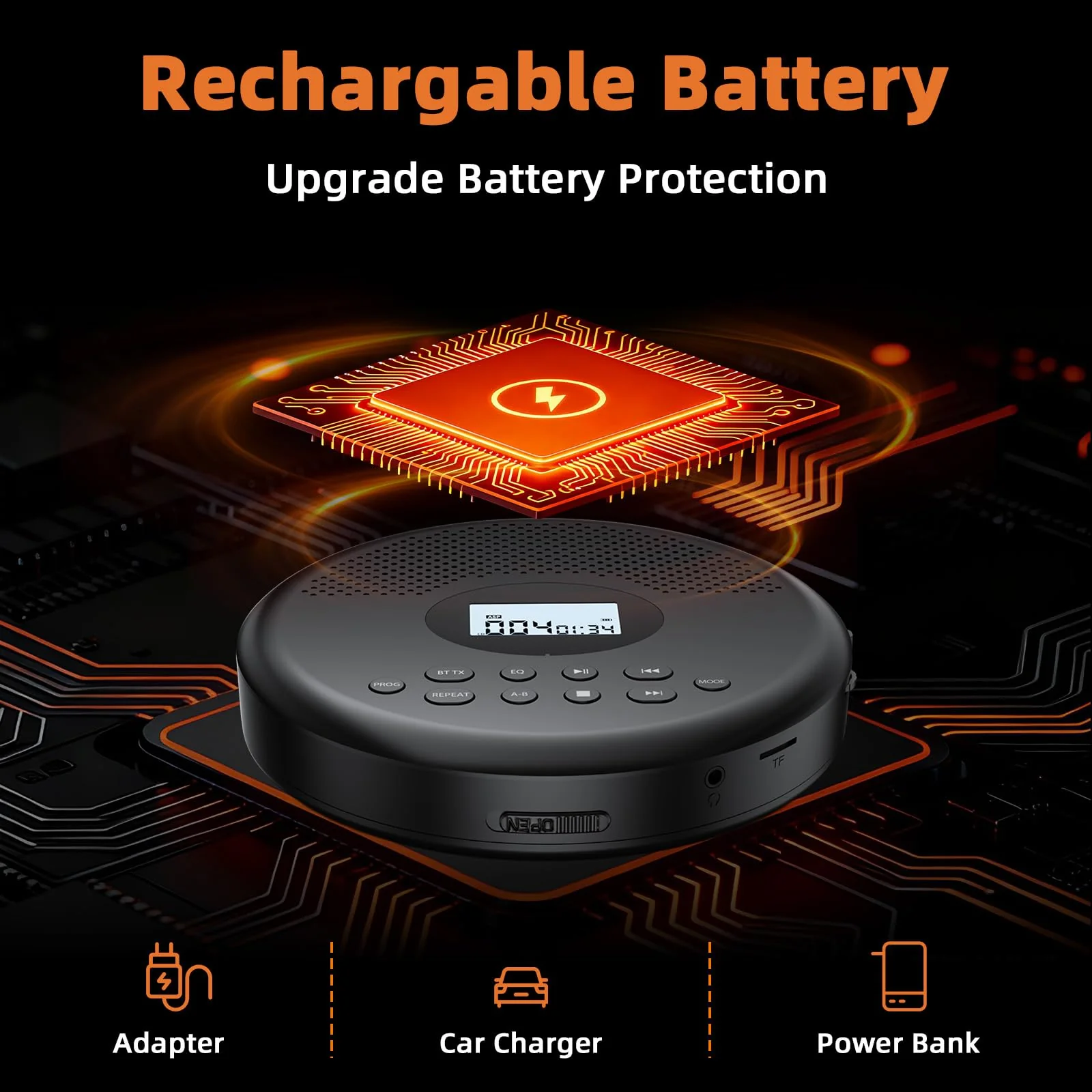 Arafuna Portable CD Player with Bluetooth, Rechargeable CD Player for Car/Home with Headphones, Anti-Skip, LCD Display, AUX/TF Card Port (Black) Black - Image 2