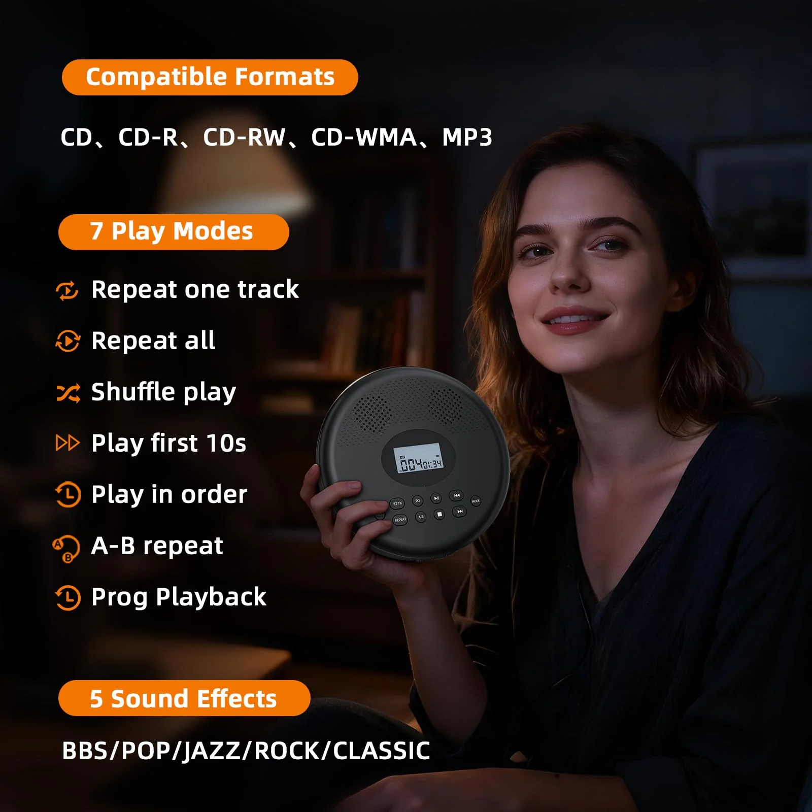 Arafuna Portable CD Player with Bluetooth, Rechargeable CD Player for Car/Home with Headphones, Anti-Skip, LCD Display, AUX/TF Card Port (Black) Black - Image 6
