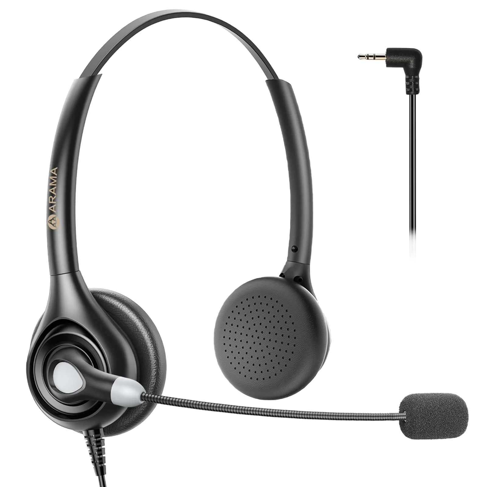 Arama Cordless Phone Headset with Microphone, 2.5mm Jack Telephone Headset for Office Landline, Noise-Cancelling Mic & Volume Control, Wired Headphones Compatible with Panasonic AT&T Vtech Uniden Black