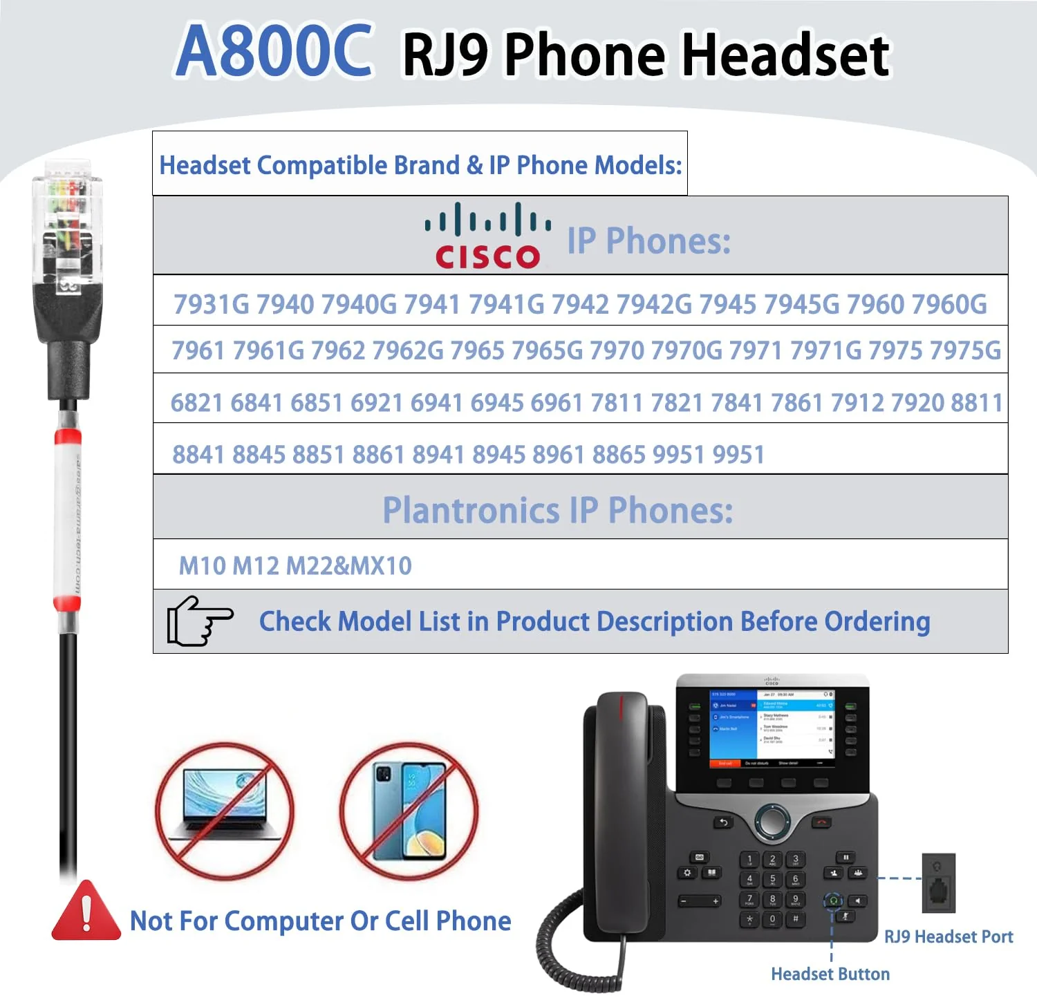 Arama Phone Headset for Cisco Landline, Noise Canceling Microphone Mute Switch Telephone Headset Compatible with Cisco IP-7821 7841 7942G 7931G 7940 7941G 7945G 7960 7961G 7962G 7965G 7975G 8811 8841 - Image 2