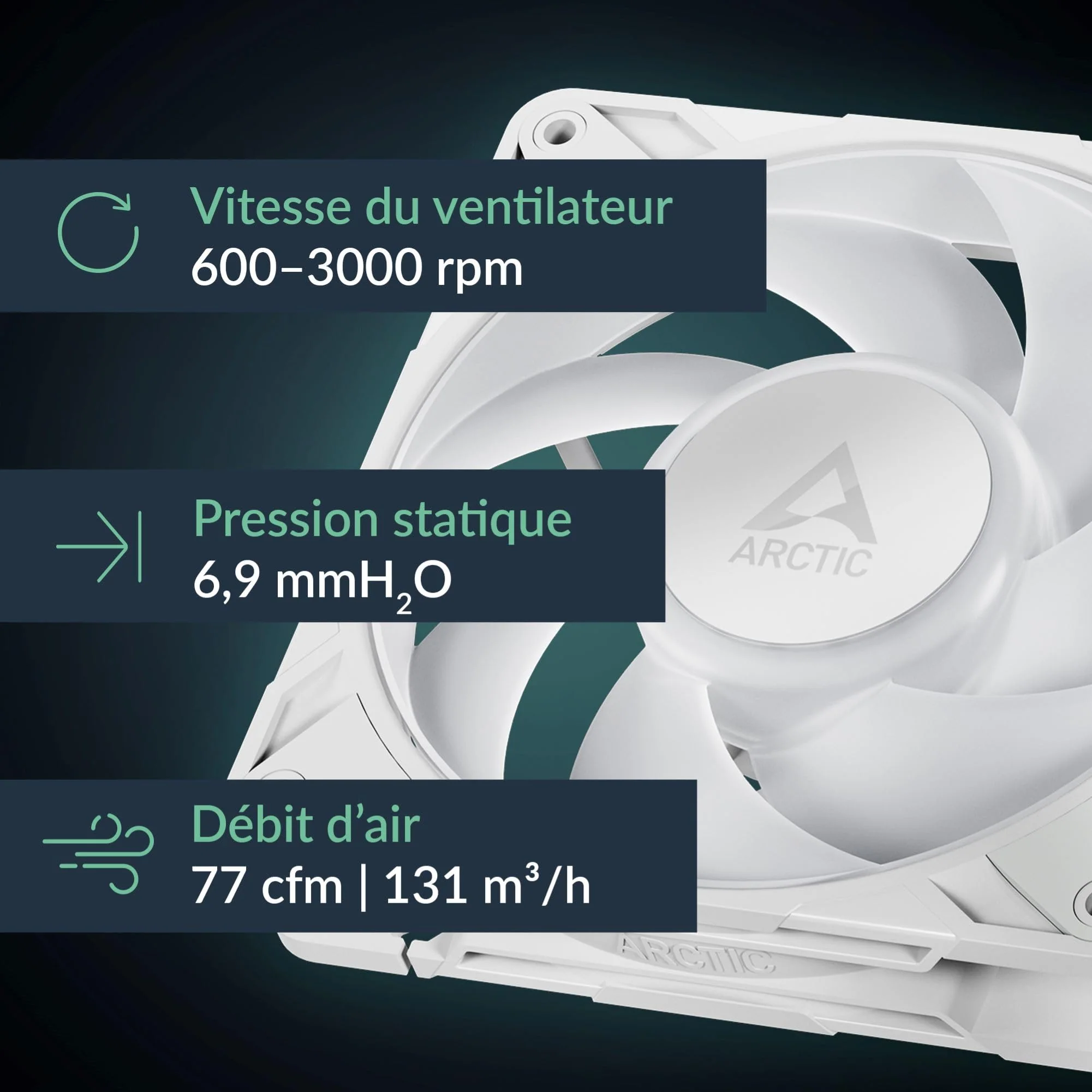 ARCTIC P12 Pro A-RGB (White) - Powerful Premium Fan, 120 mm PWM Fan with Y-Cable Splitter, 600-3000 RPM, 0 RPM <5% PWM, 5V Digital RGB, Fluid Dynamic Bearing, 4-Pin - White - Image 2