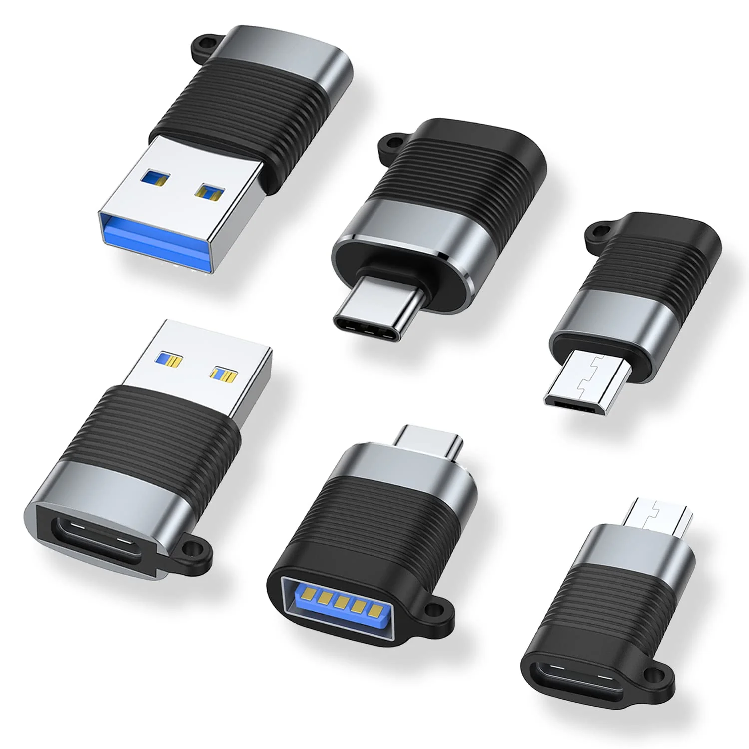 AreMe USB C Adapter (6 Pack), Micro USB Male to USB C Female, USB 3.0 Male to USB C Female, USB Type-C Male to USB 3.0 Female Converter Connector Black and Grey