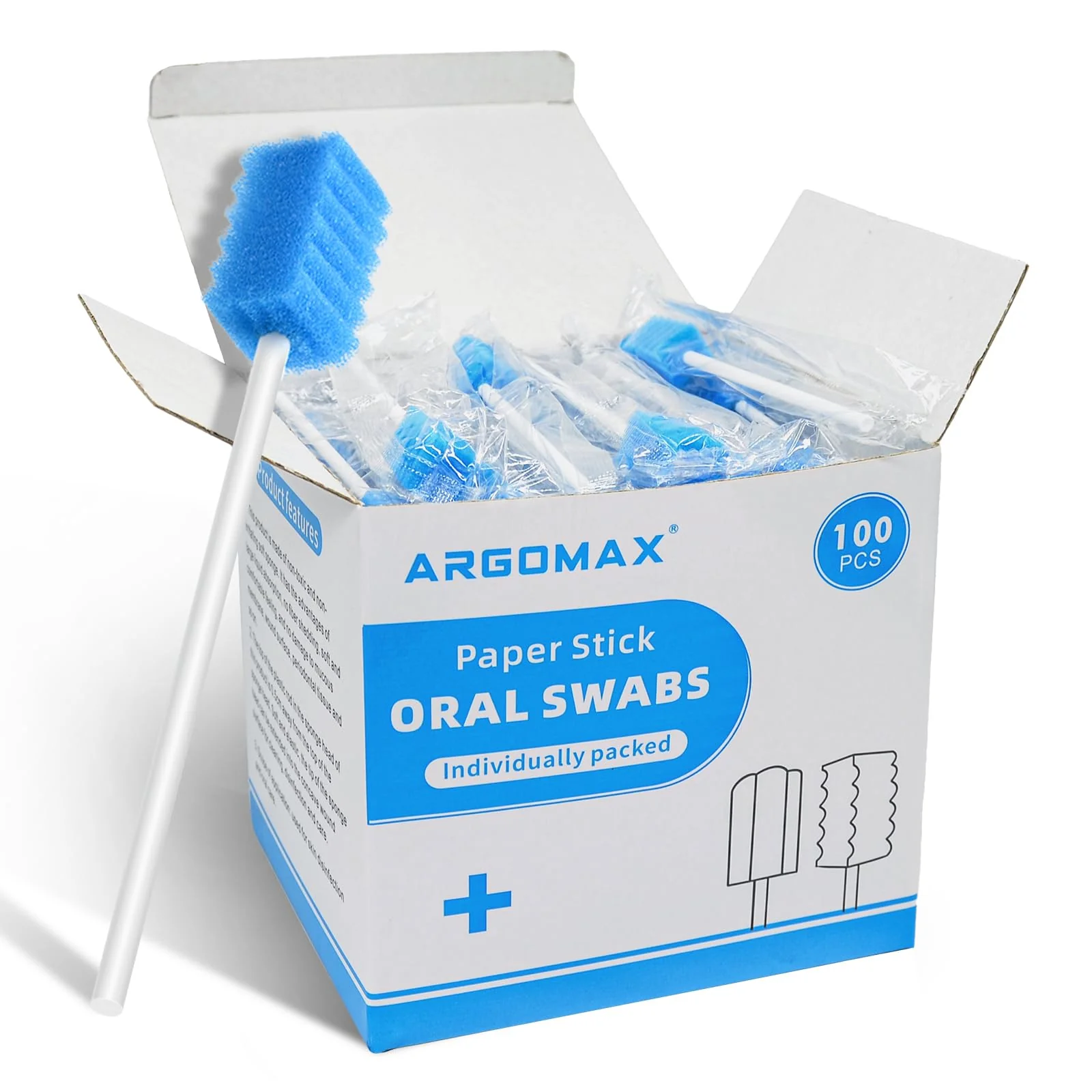 ARGOMAX Mouth Sponges Swabs, Pack of 100 Oral Care Sponge Swabs, Cleaning Mouth Swabs, Oral Hygiene Sponge, Mouth Care Swabs, Cotton Buds, Oral Care Sticks, Foam for Oral Hygiene, Blue